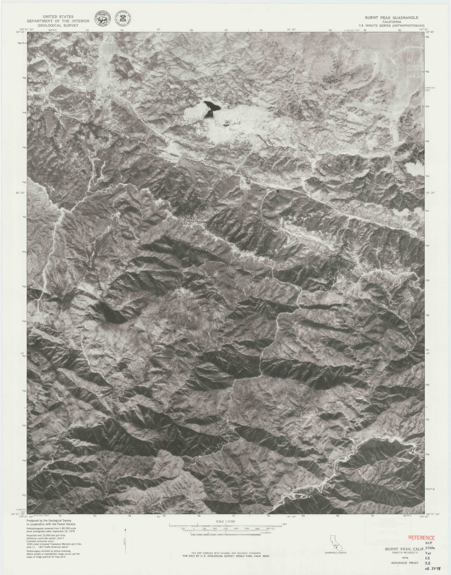 Classic USGS Burnt Peak California 7.5'x7.5' Topo Map Image