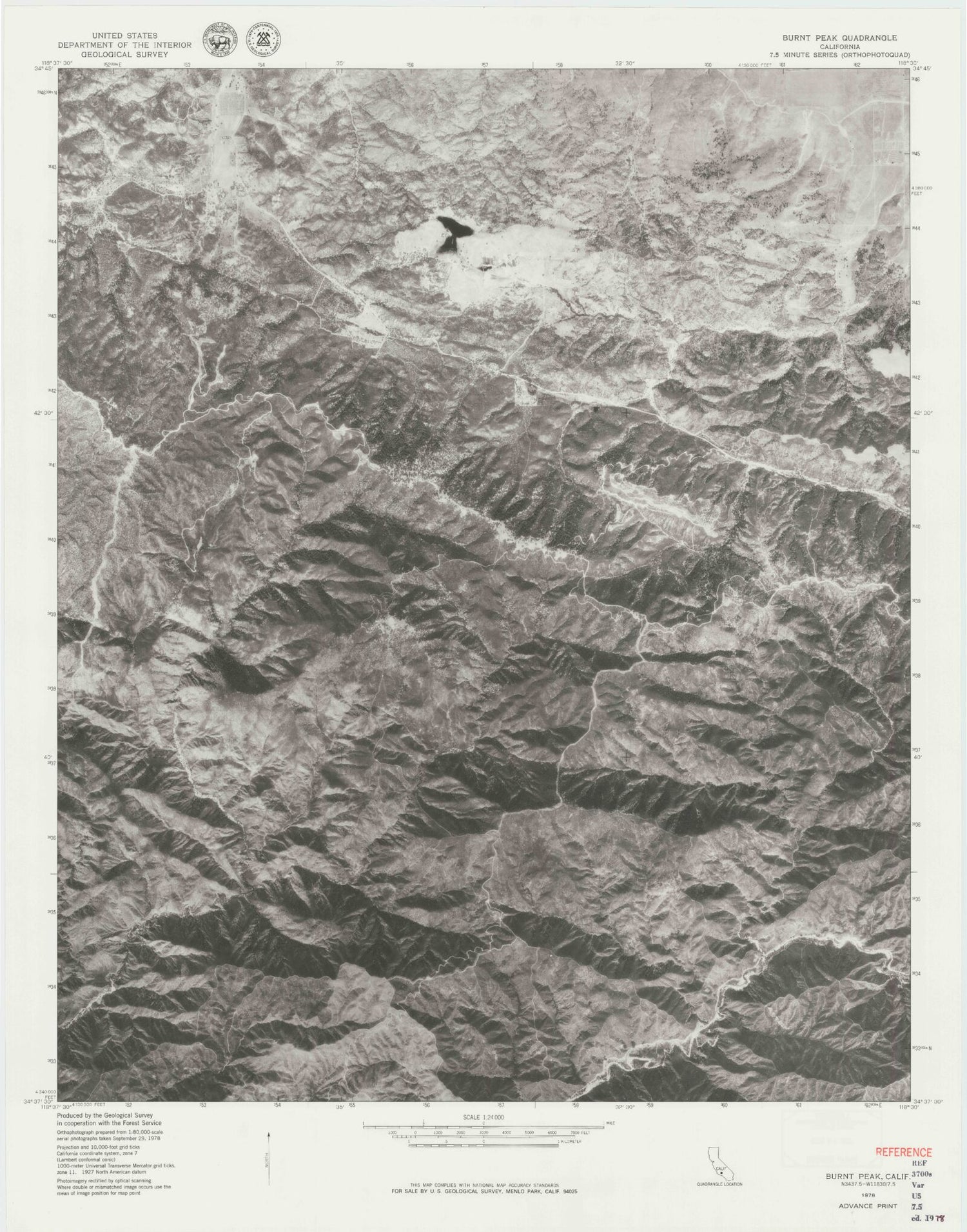 Classic USGS Burnt Peak California 7.5'x7.5' Topo Map Image