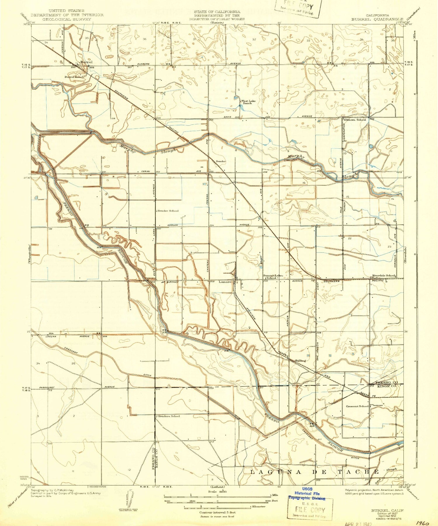 Classic USGS Burrel California 7.5'x7.5' Topo Map Image