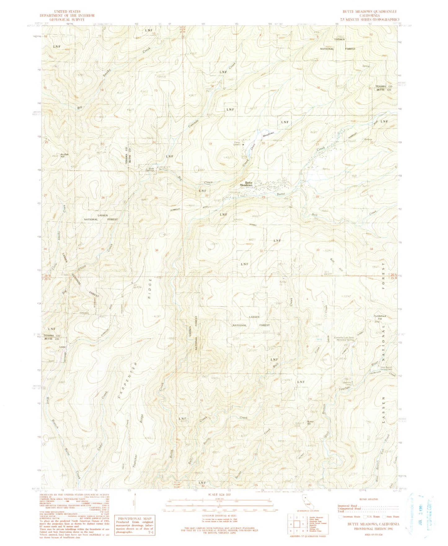 Classic USGS Butte Meadows California 7.5'x7.5' Topo Map Image