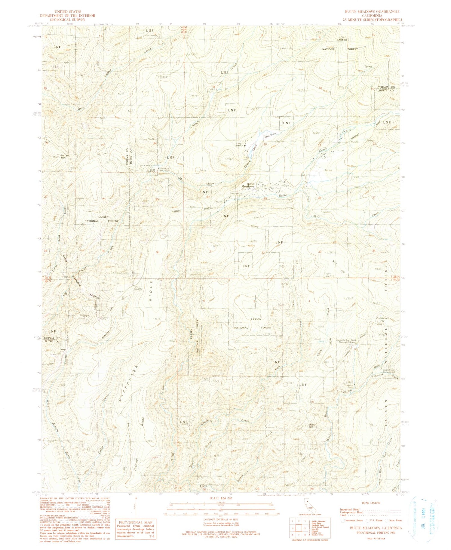 Classic USGS Butte Meadows California 7.5'x7.5' Topo Map Image