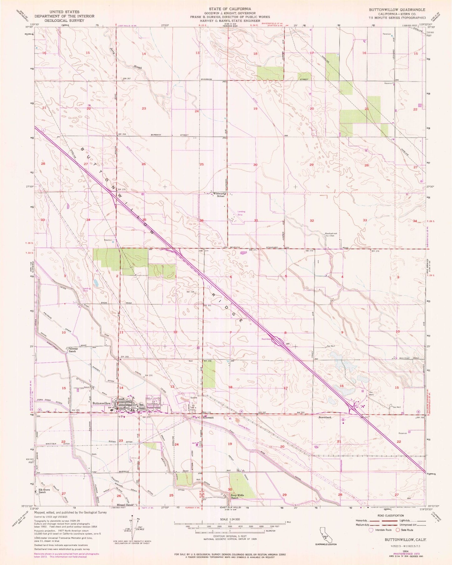 Classic USGS Buttonwillow California 7.5'x7.5' Topo Map Image