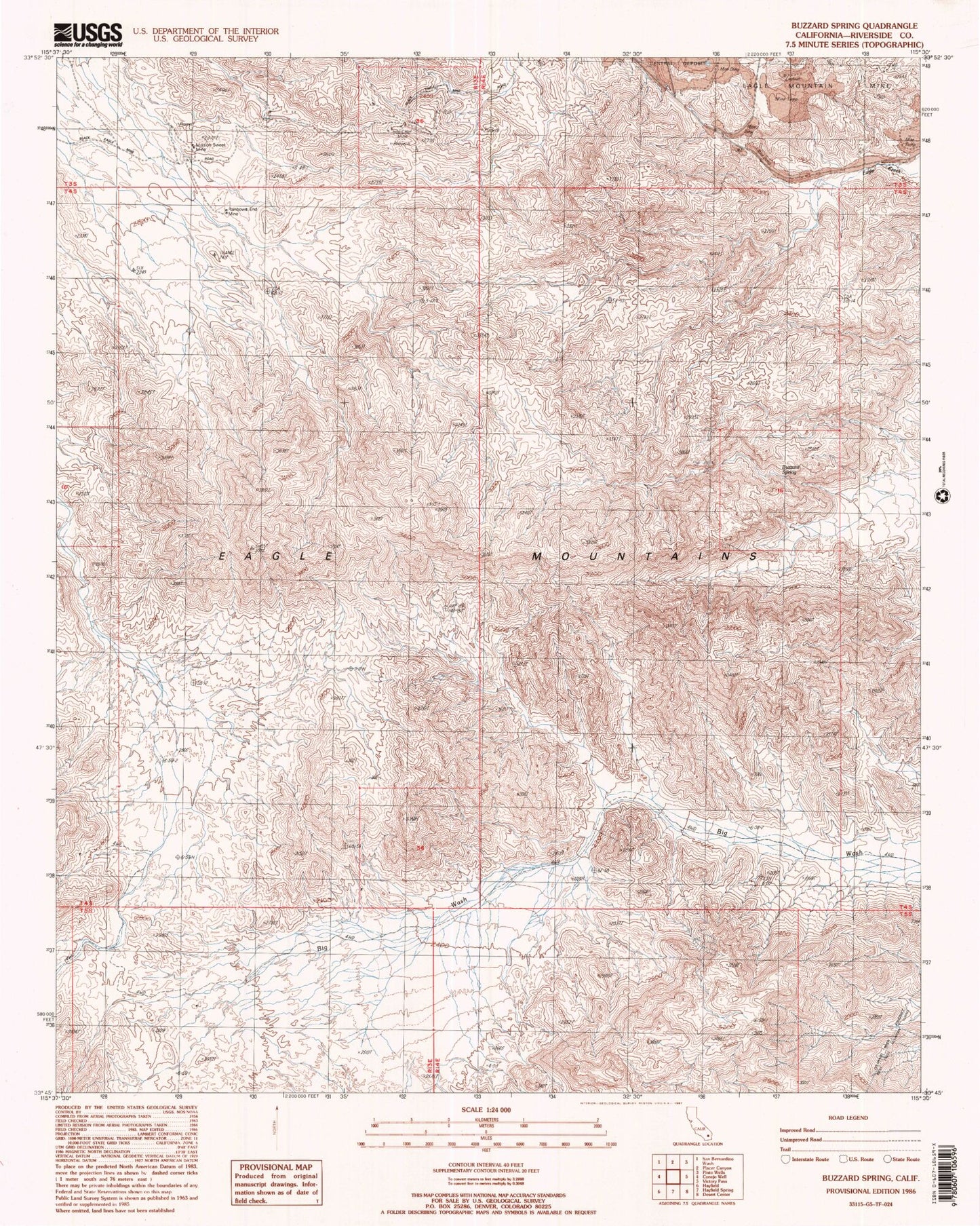 Classic USGS Buzzard Spring California 7.5'x7.5' Topo Map Image