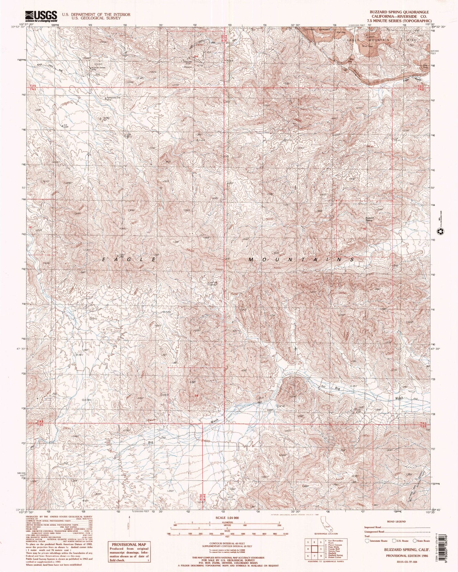 Classic USGS Buzzard Spring California 7.5'x7.5' Topo Map Image