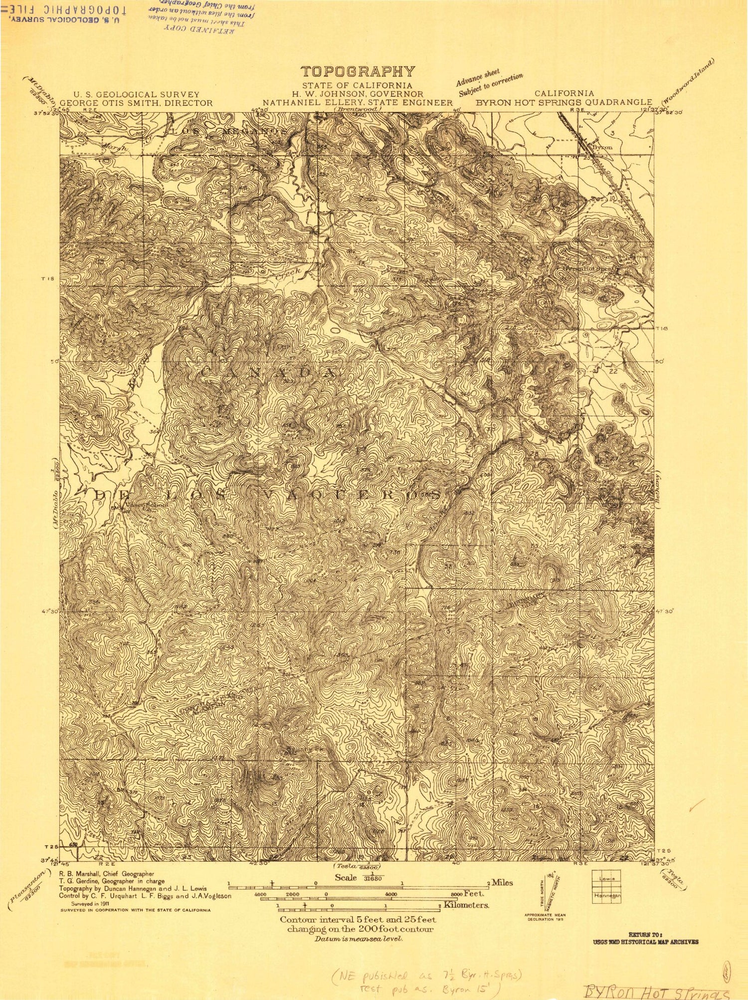 Classic USGS Byron Hot Springs California 7.5'x7.5' Topo Map Image