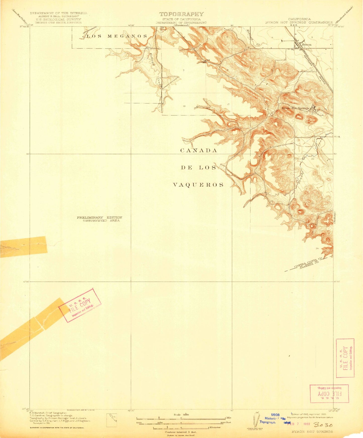 Classic USGS Byron Hot Springs California 7.5'x7.5' Topo Map Image
