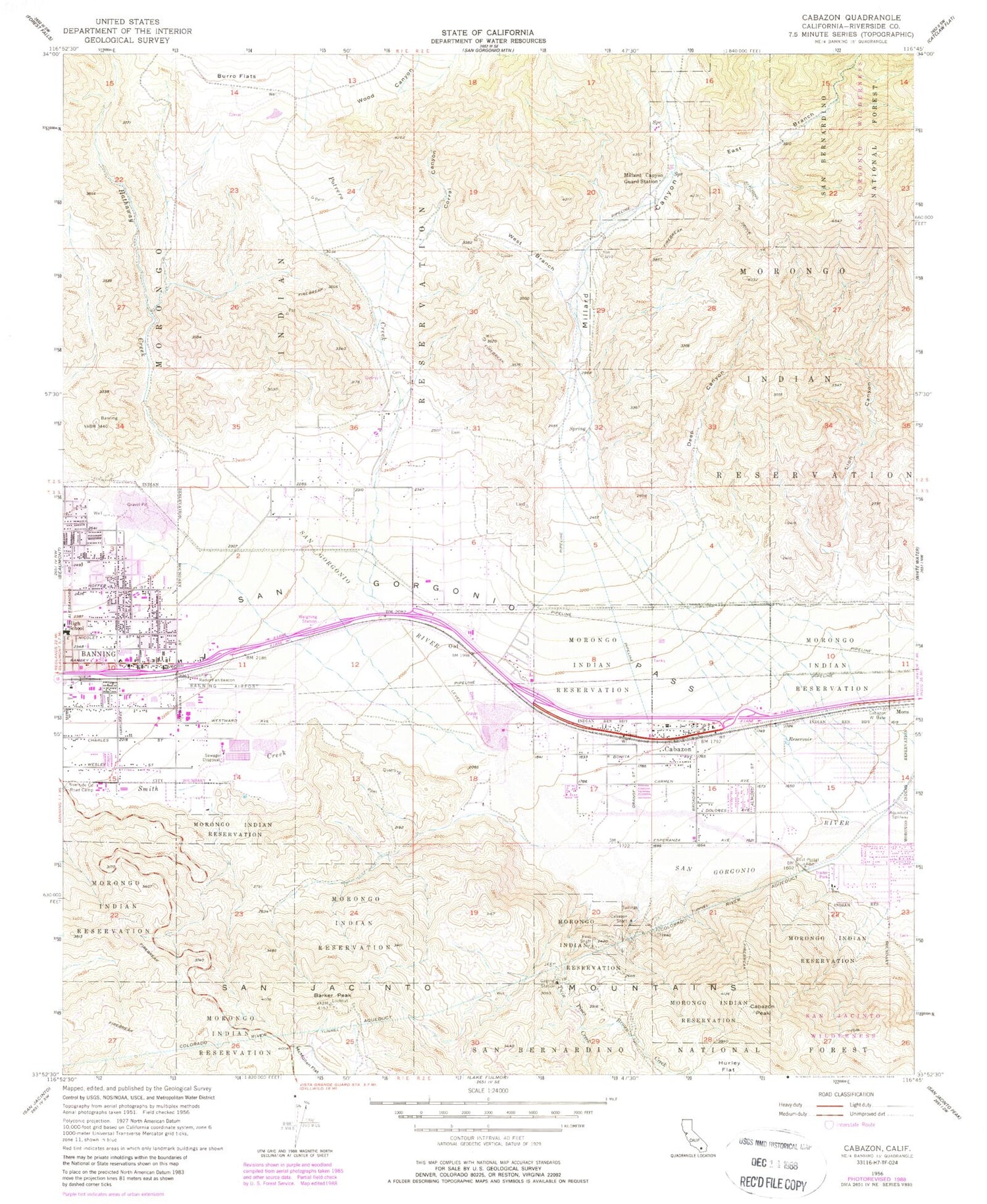 Classic USGS Cabazon California 7.5'x7.5' Topo Map Image