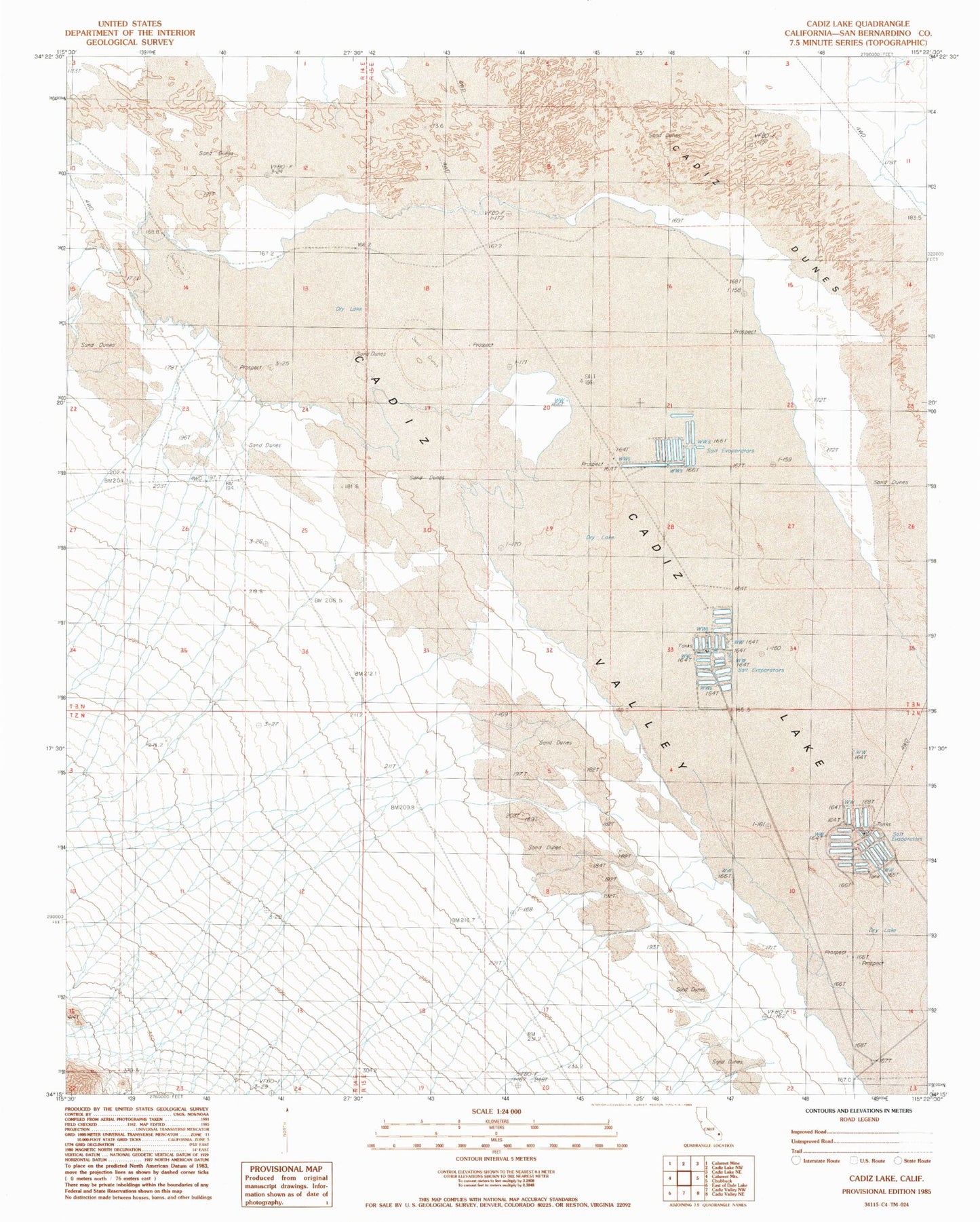 Classic USGS Cadiz Lake California 7.5'x7.5' Topo Map Image