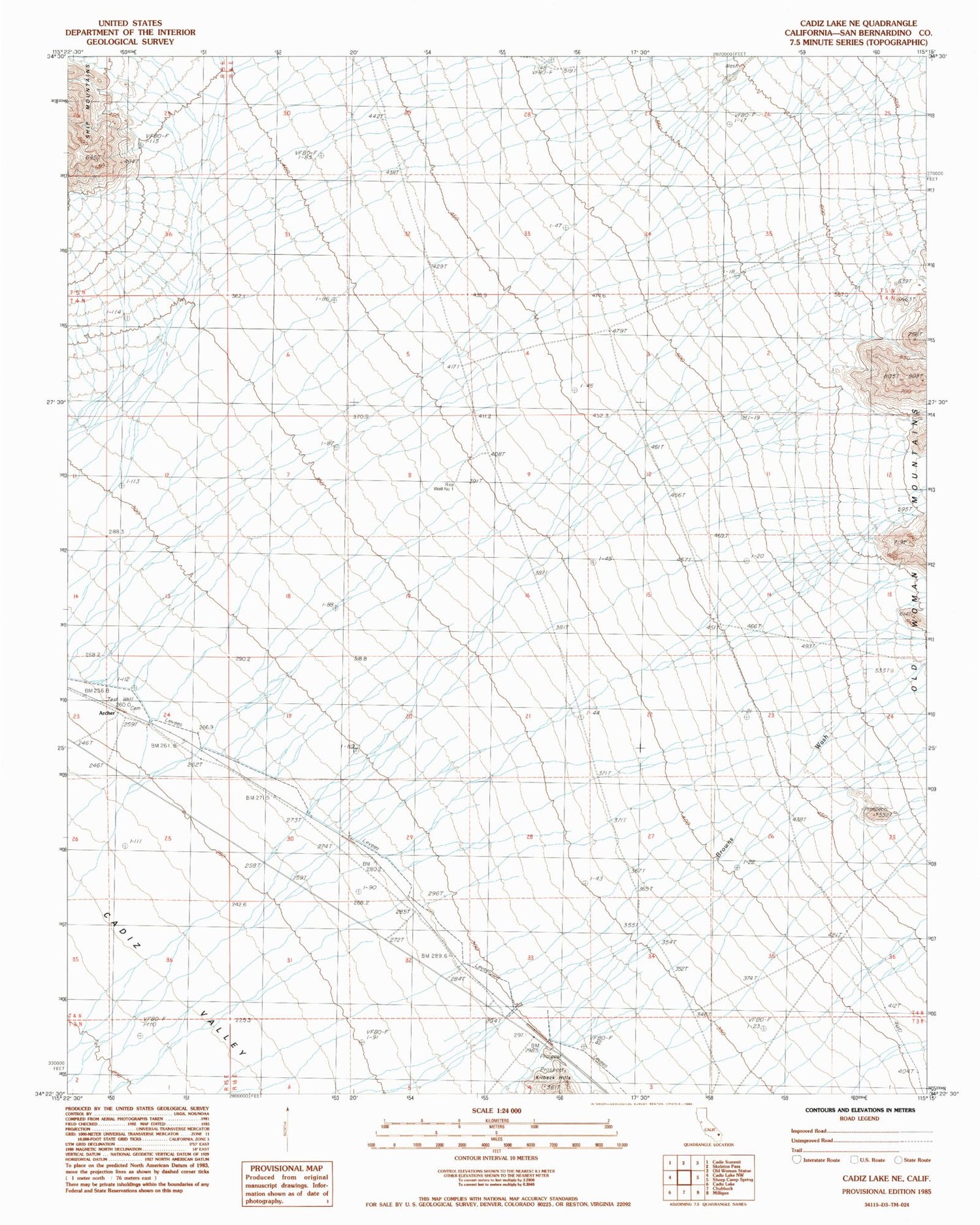 Classic USGS Cadiz Lake NE California 7.5'x7.5' Topo Map Image