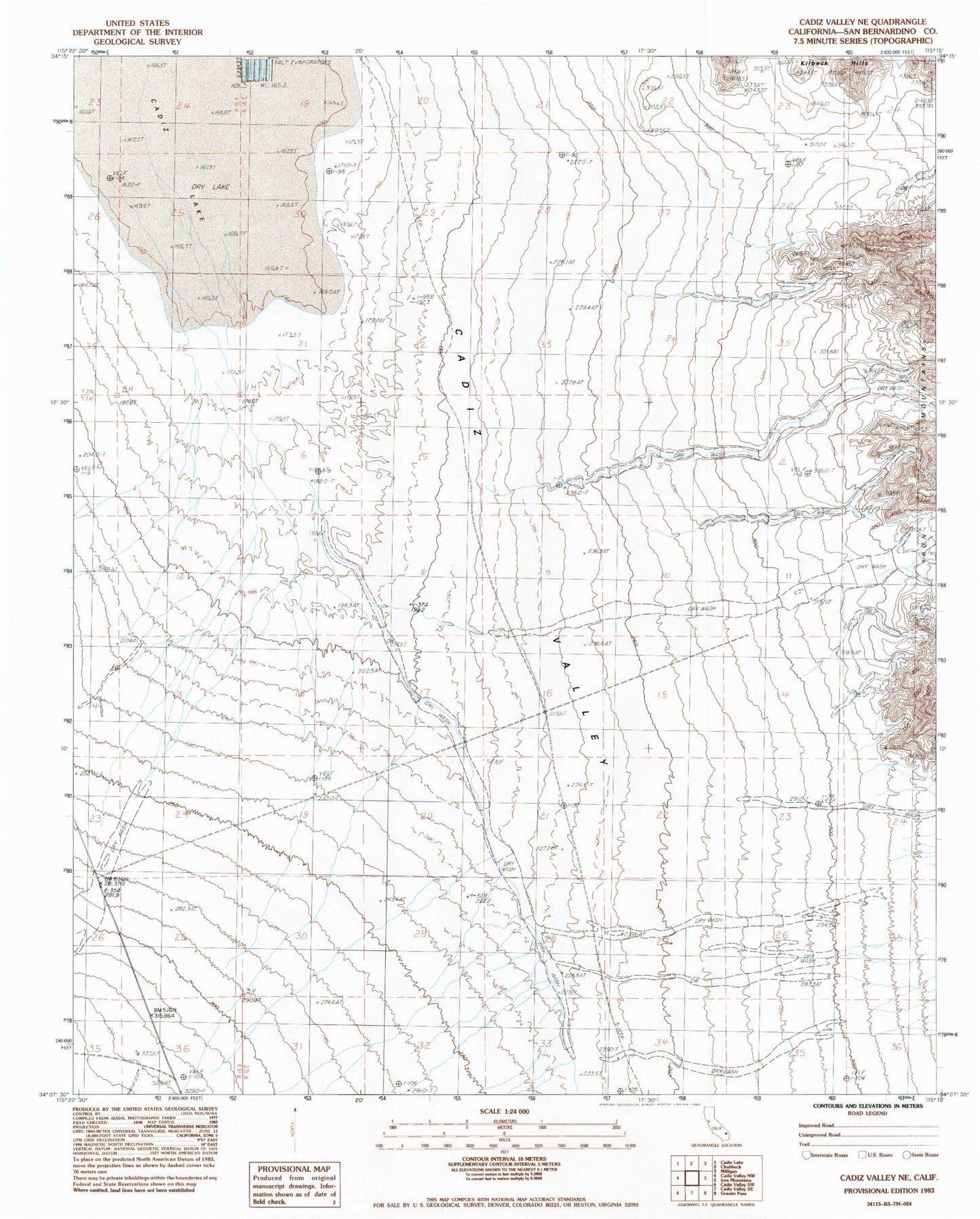 Classic USGS Cadiz Valley NE California 7.5'x7.5' Topo Map Image