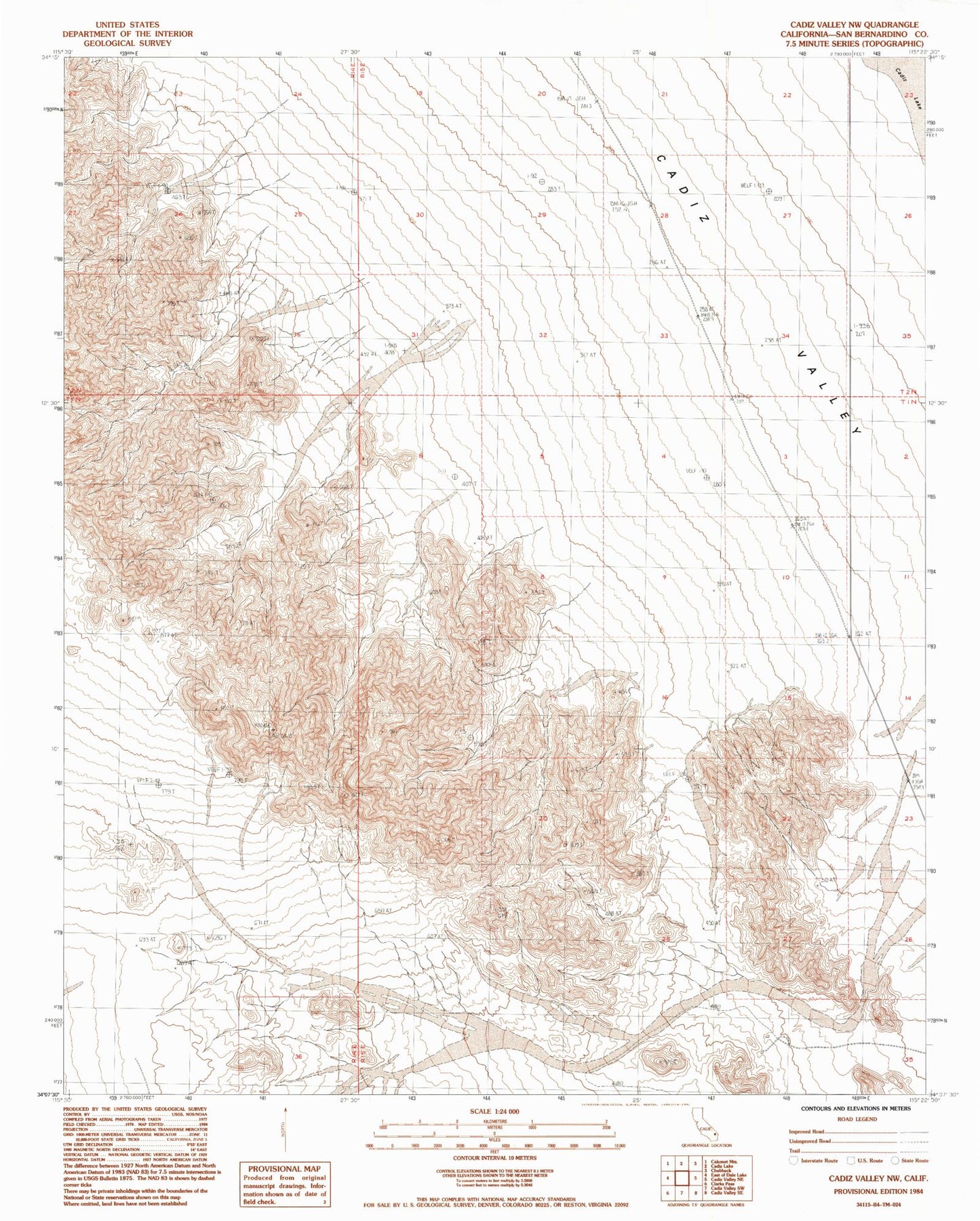 Classic USGS Cadiz Valley NW California 7.5'x7.5' Topo Map Image