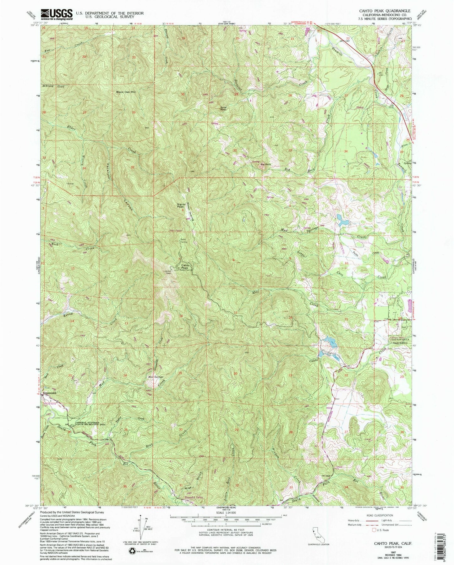 Classic USGS Cahto Peak California 7.5'x7.5' Topo Map Image