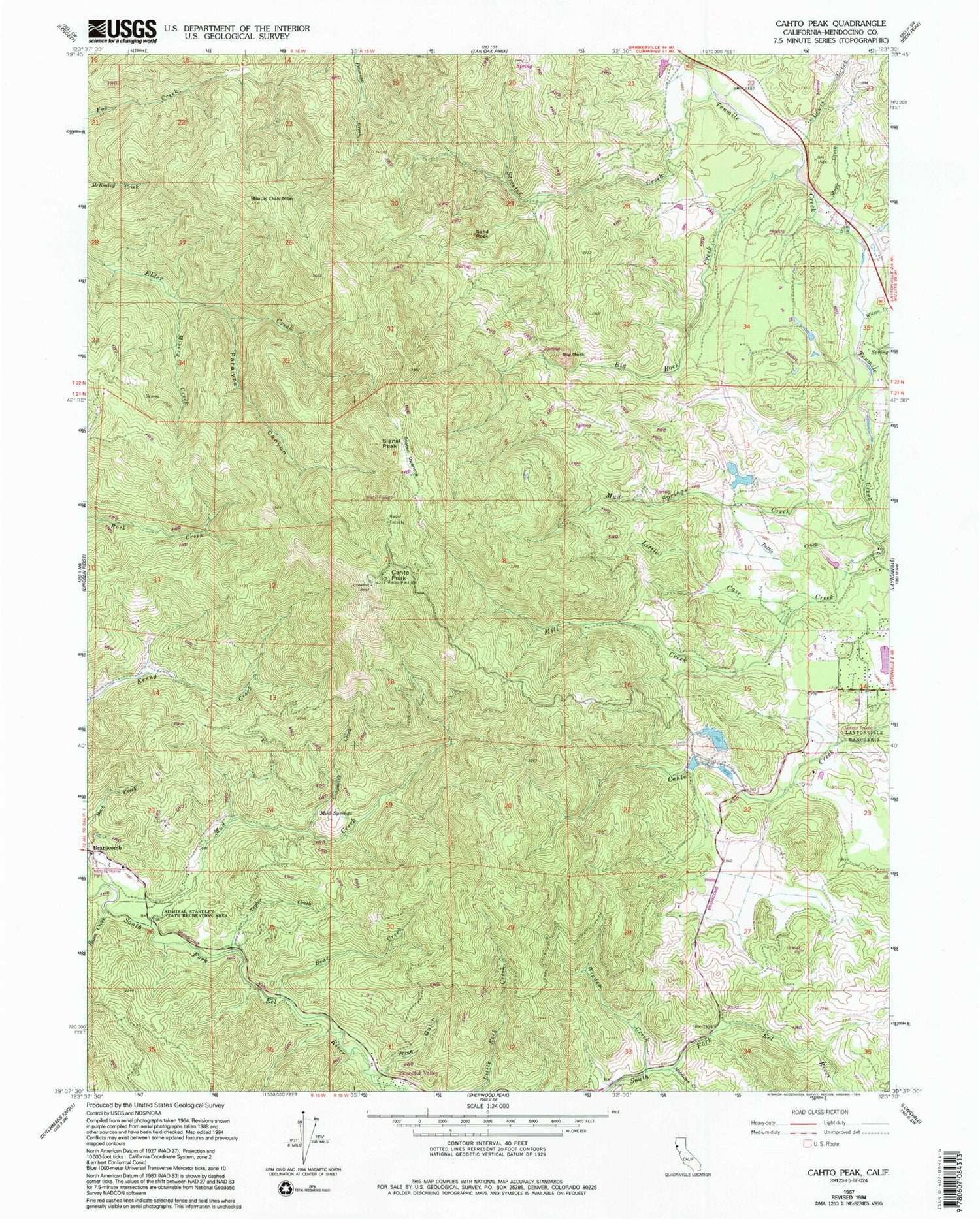 Classic USGS Cahto Peak California 7.5'x7.5' Topo Map Image