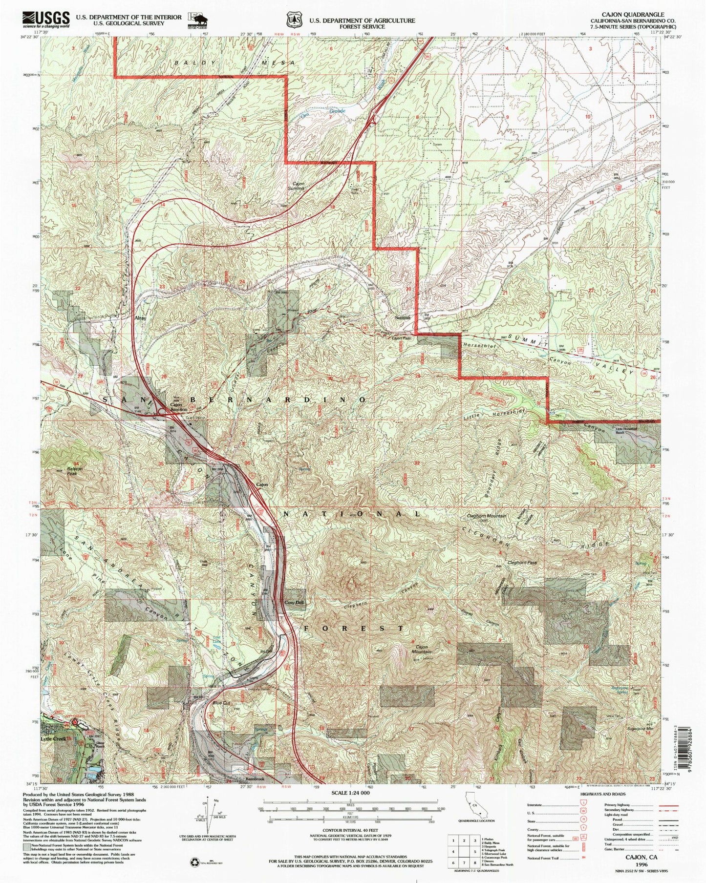 Classic USGS Cajon California 7.5'x7.5' Topo Map Image