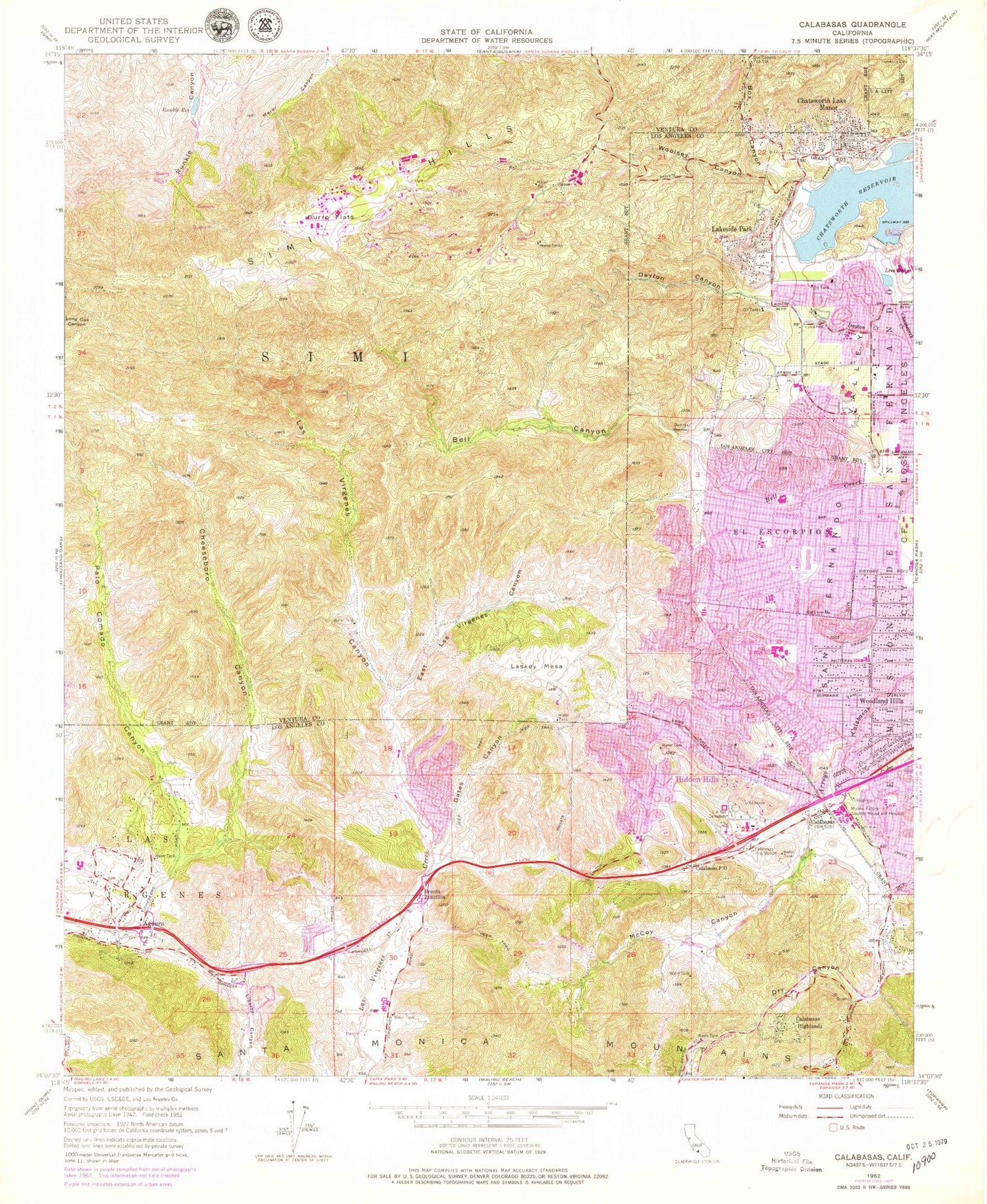 Classic USGS Calabasas California 7.5'x7.5' Topo Map Image