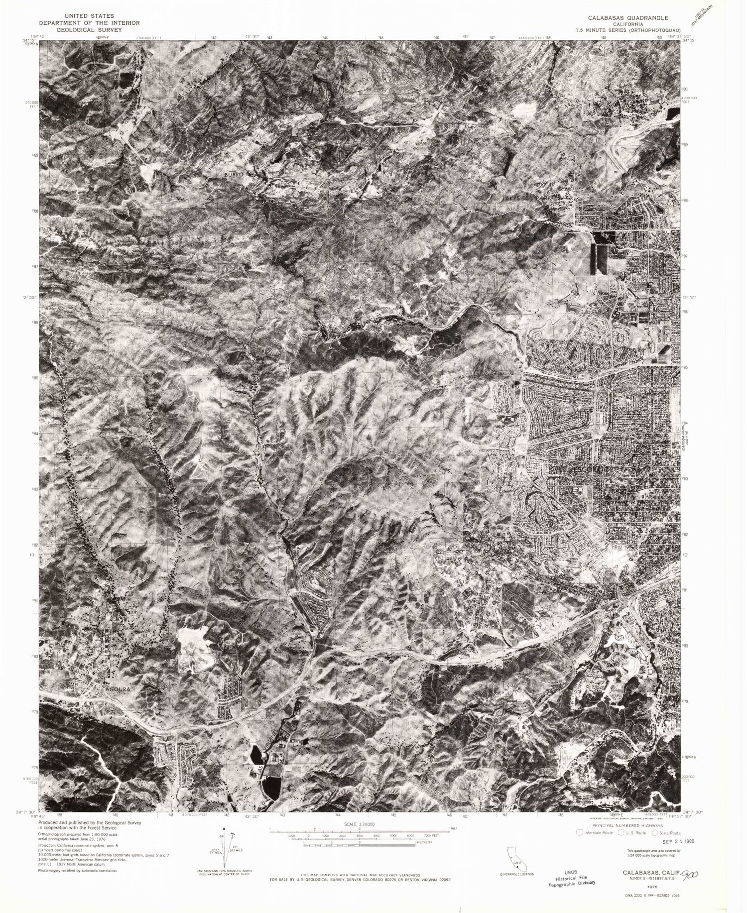 Classic USGS Calabasas California 7.5'x7.5' Topo Map Image