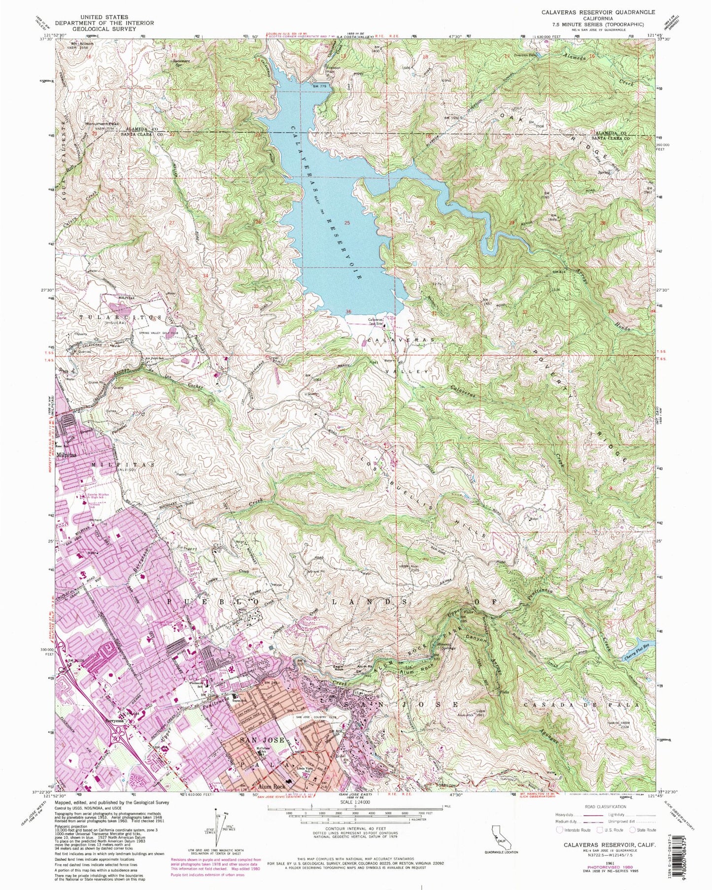 Classic USGS Calaveras Reservoir California 7.5'x7.5' Topo Map Image