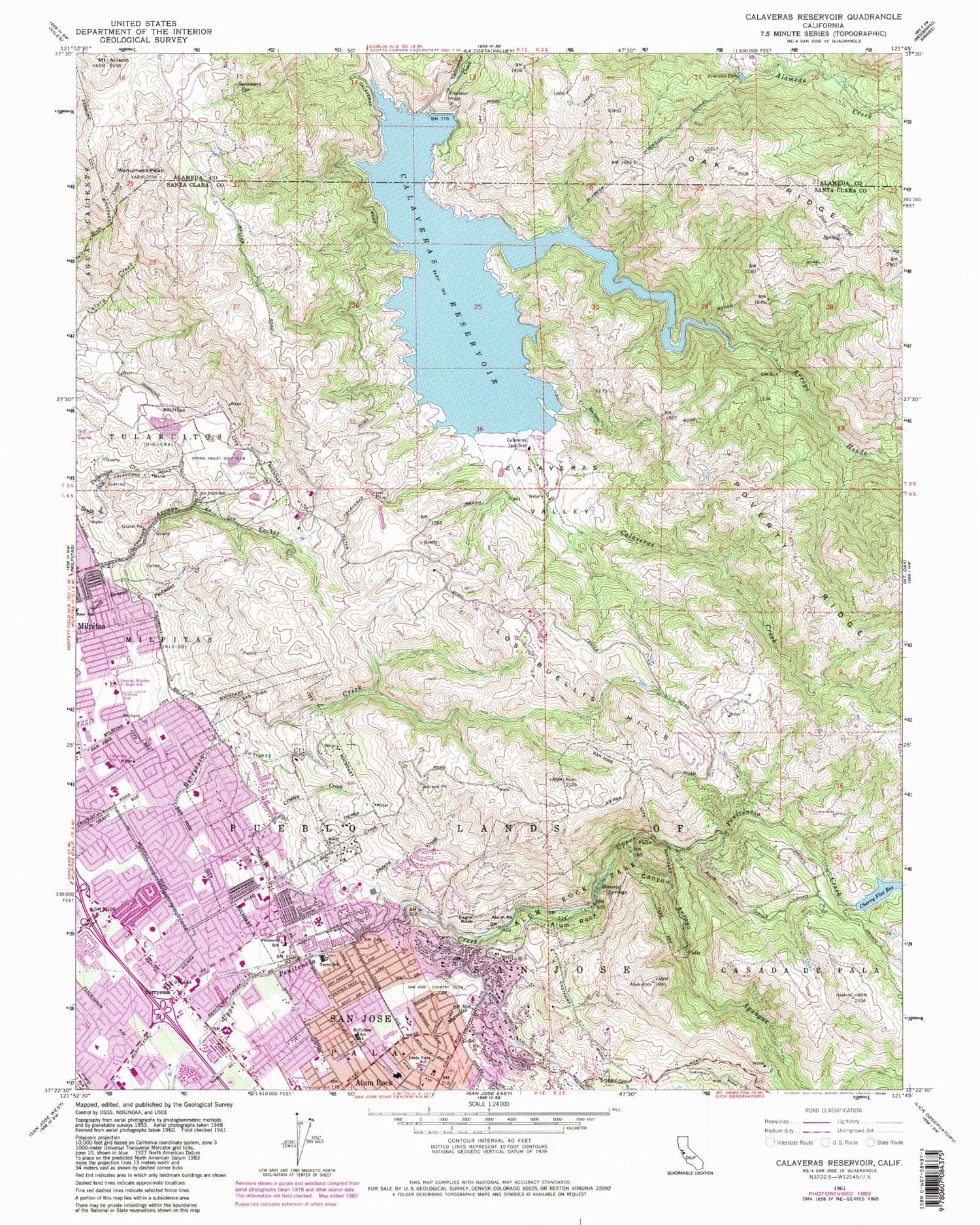 Classic USGS Calaveras Reservoir California 7.5'x7.5' Topo Map Image