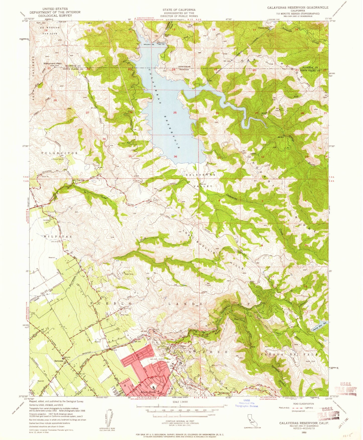 Classic USGS Calaveras Reservoir California 7.5'x7.5' Topo Map Image