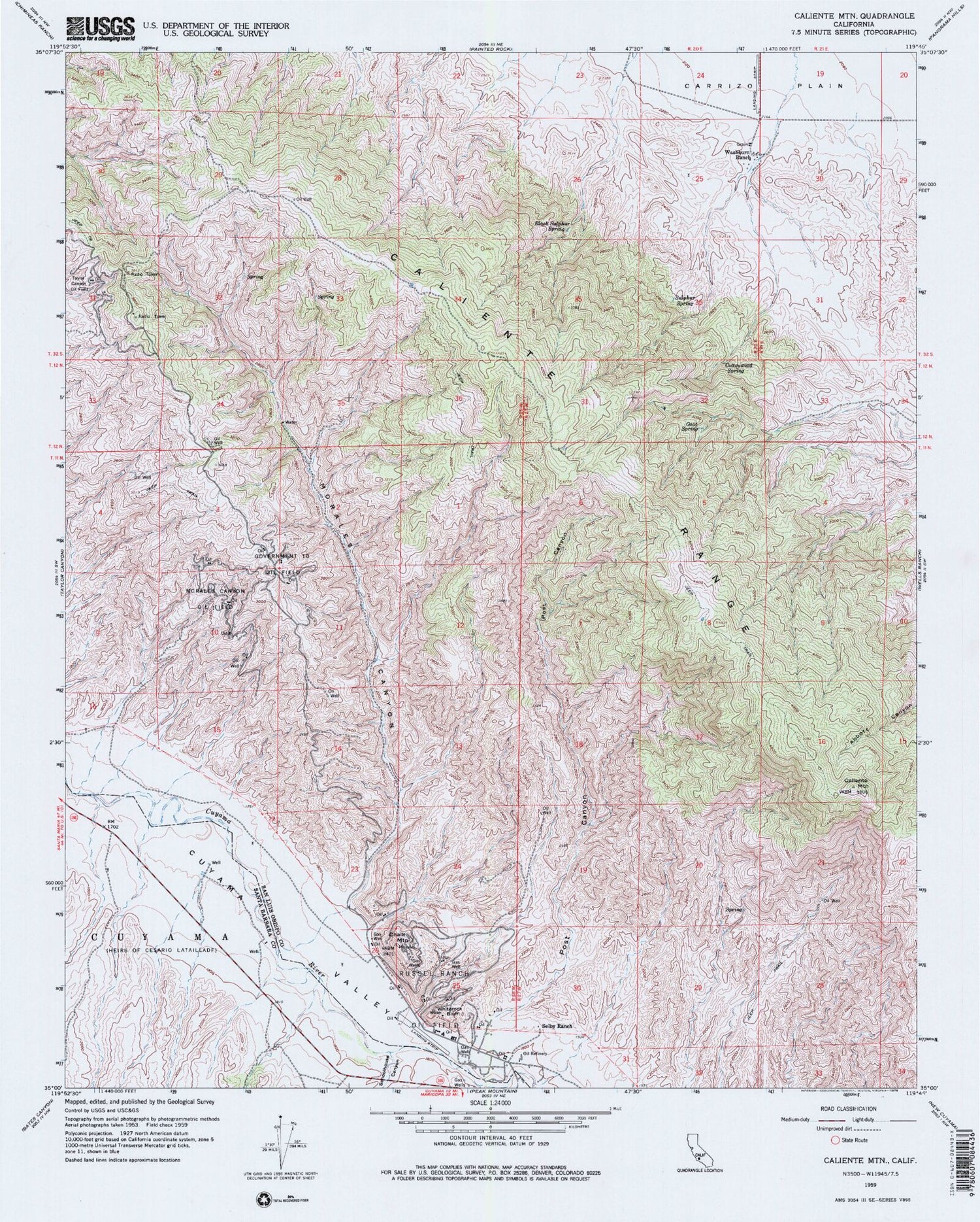 Classic USGS Caliente Mountain California 7.5'x7.5' Topo Map Image