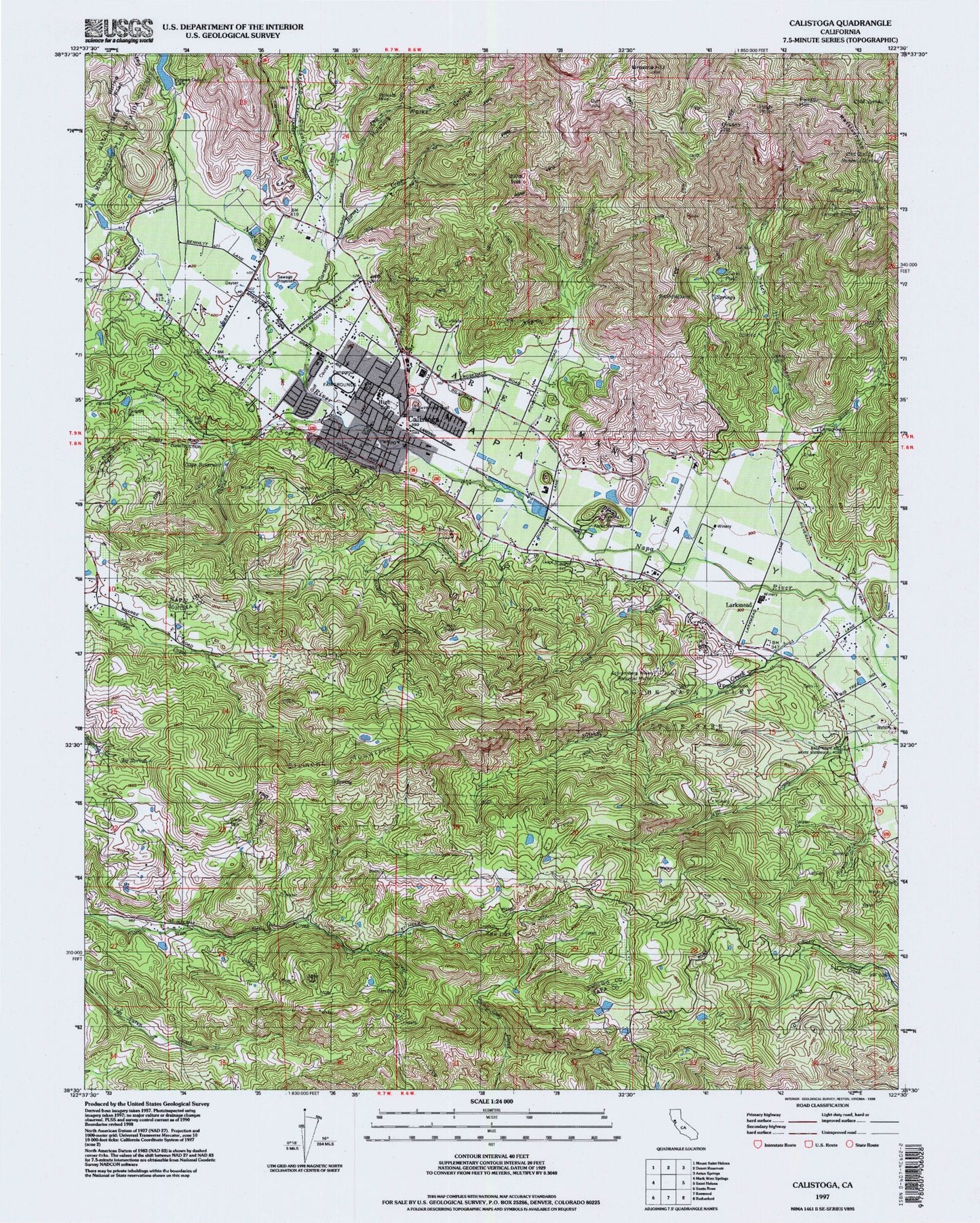 Classic USGS Calistoga California 7.5'x7.5' Topo Map Image