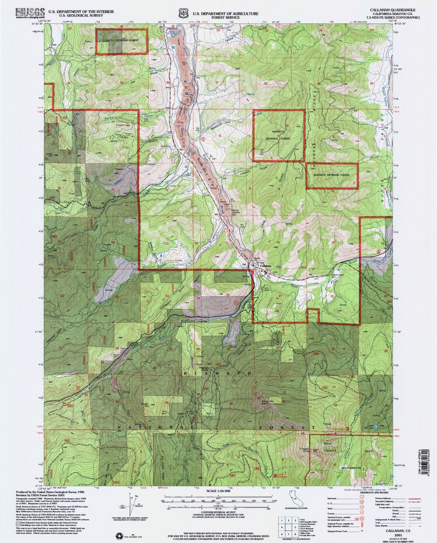Classic USGS Callahan California 7.5'x7.5' Topo Map Image