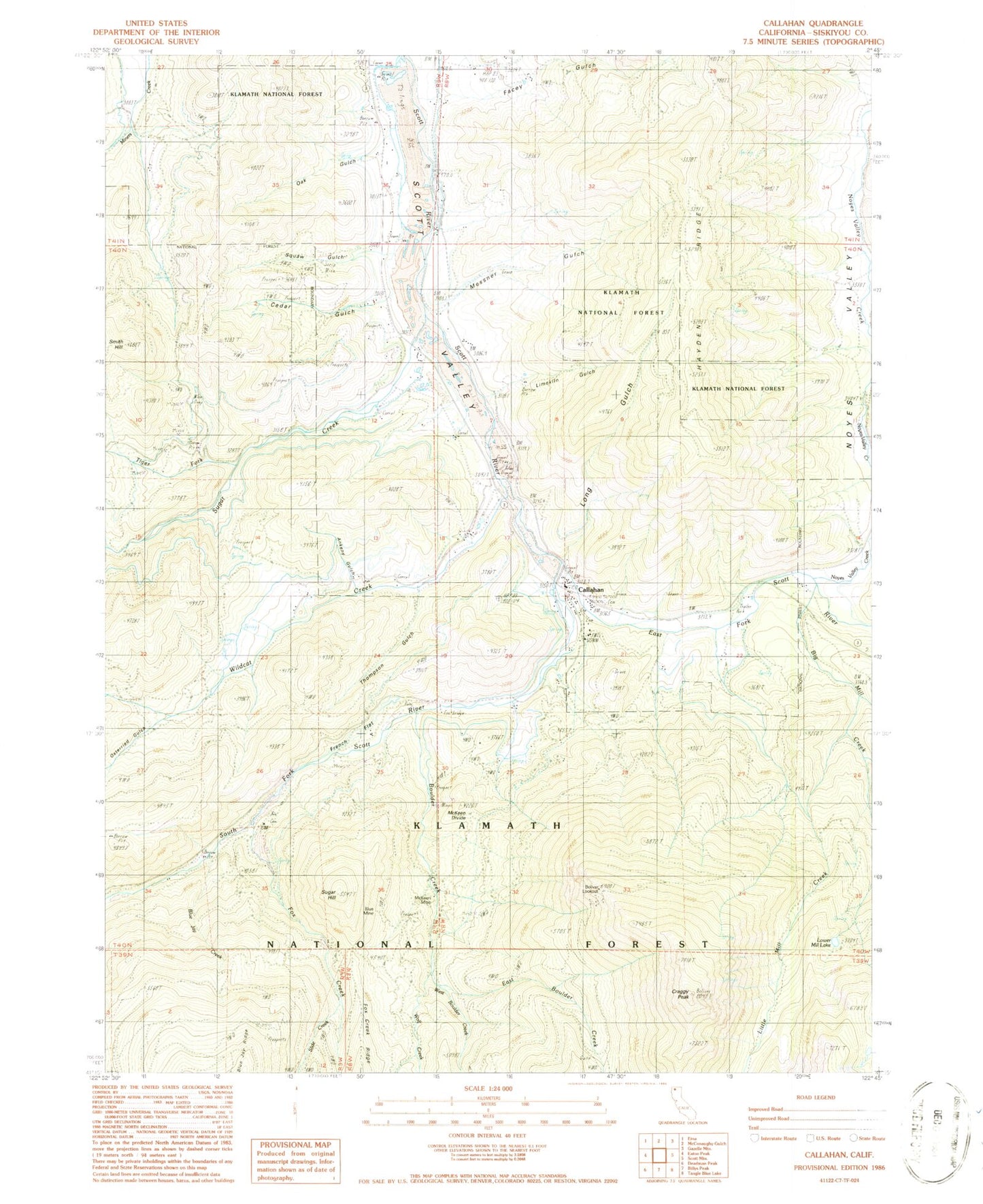 Classic USGS Callahan California 7.5'x7.5' Topo Map Image
