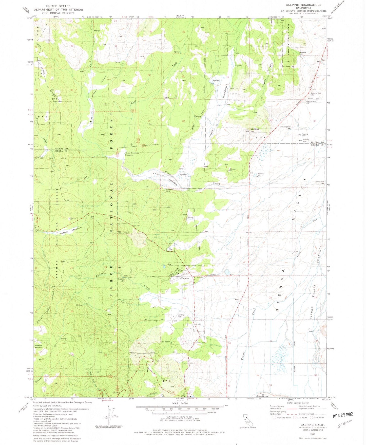 Classic USGS Calpine California 7.5'x7.5' Topo Map Image