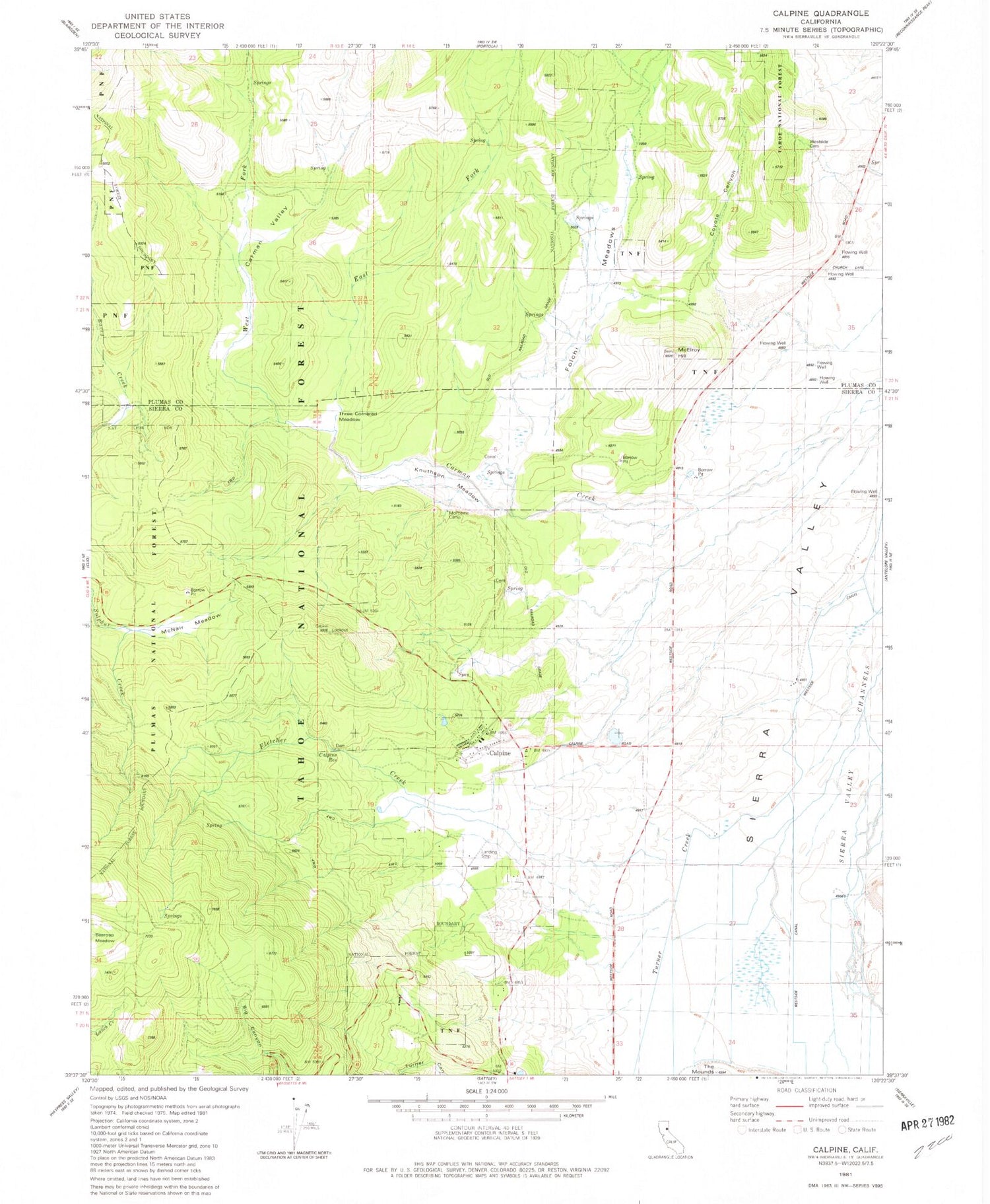 Classic USGS Calpine California 7.5'x7.5' Topo Map Image