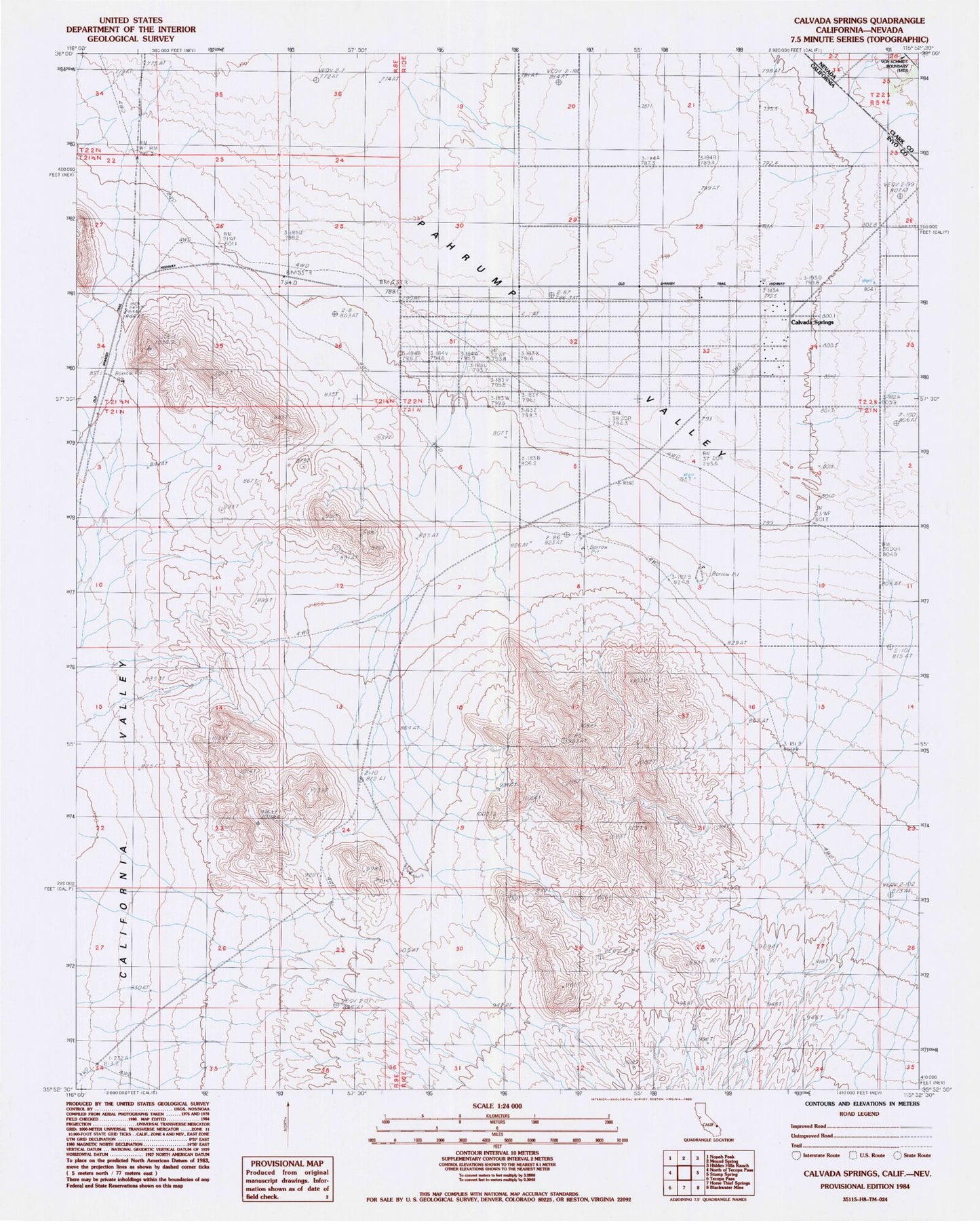 Classic USGS Calvada Springs California 7.5'x7.5' Topo Map Image