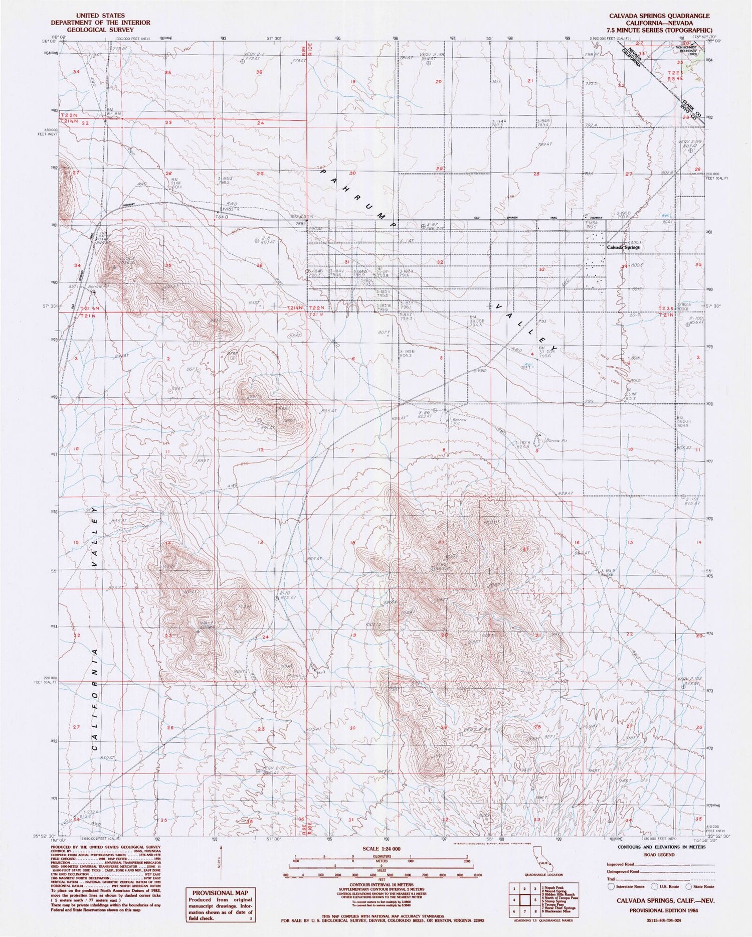 Classic USGS Calvada Springs California 7.5'x7.5' Topo Map Image