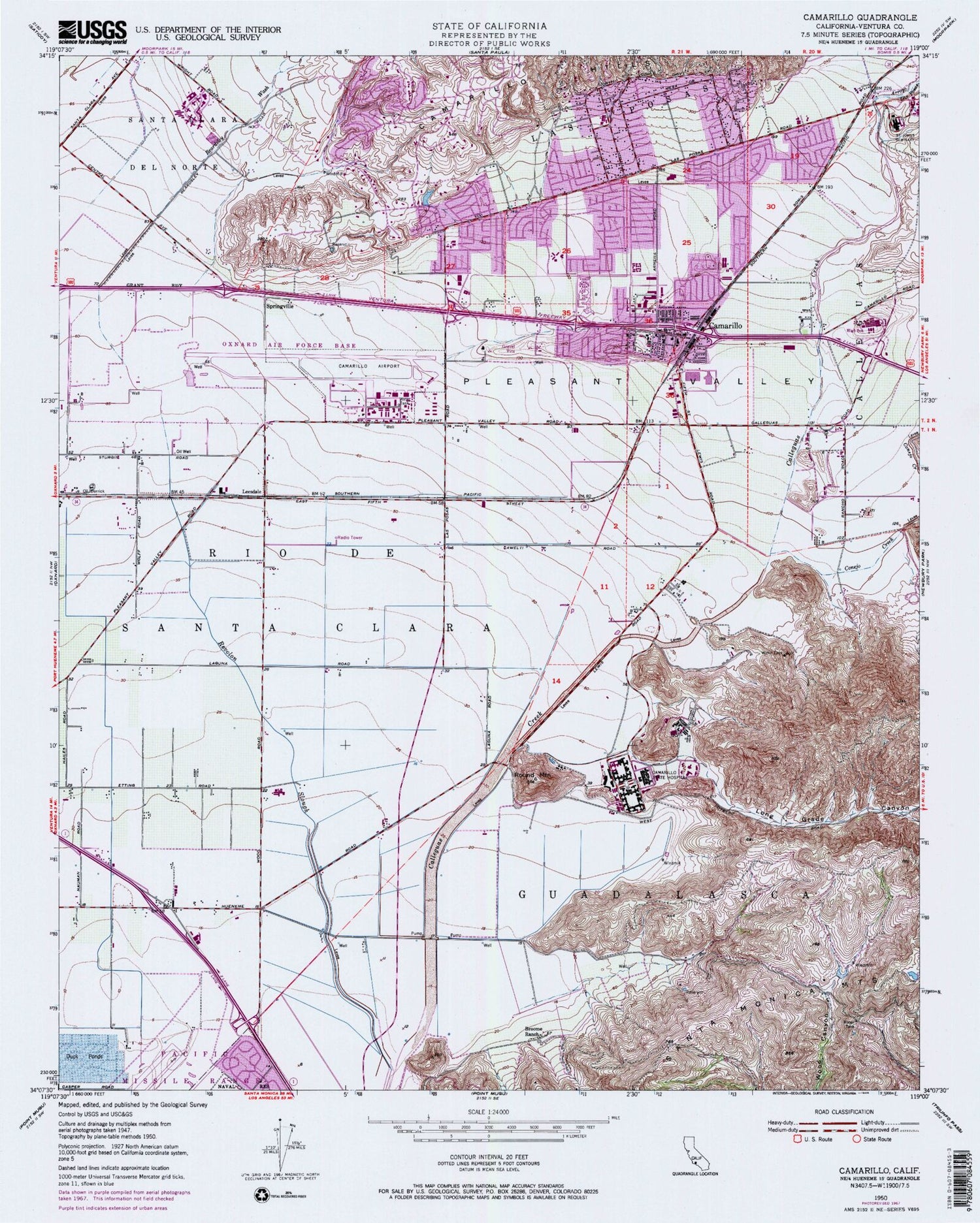 Classic USGS Camarillo California 7.5'x7.5' Topo Map Image