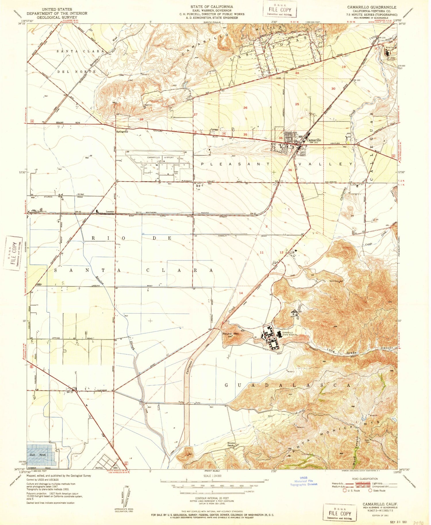 Classic USGS Camarillo California 7.5'x7.5' Topo Map Image