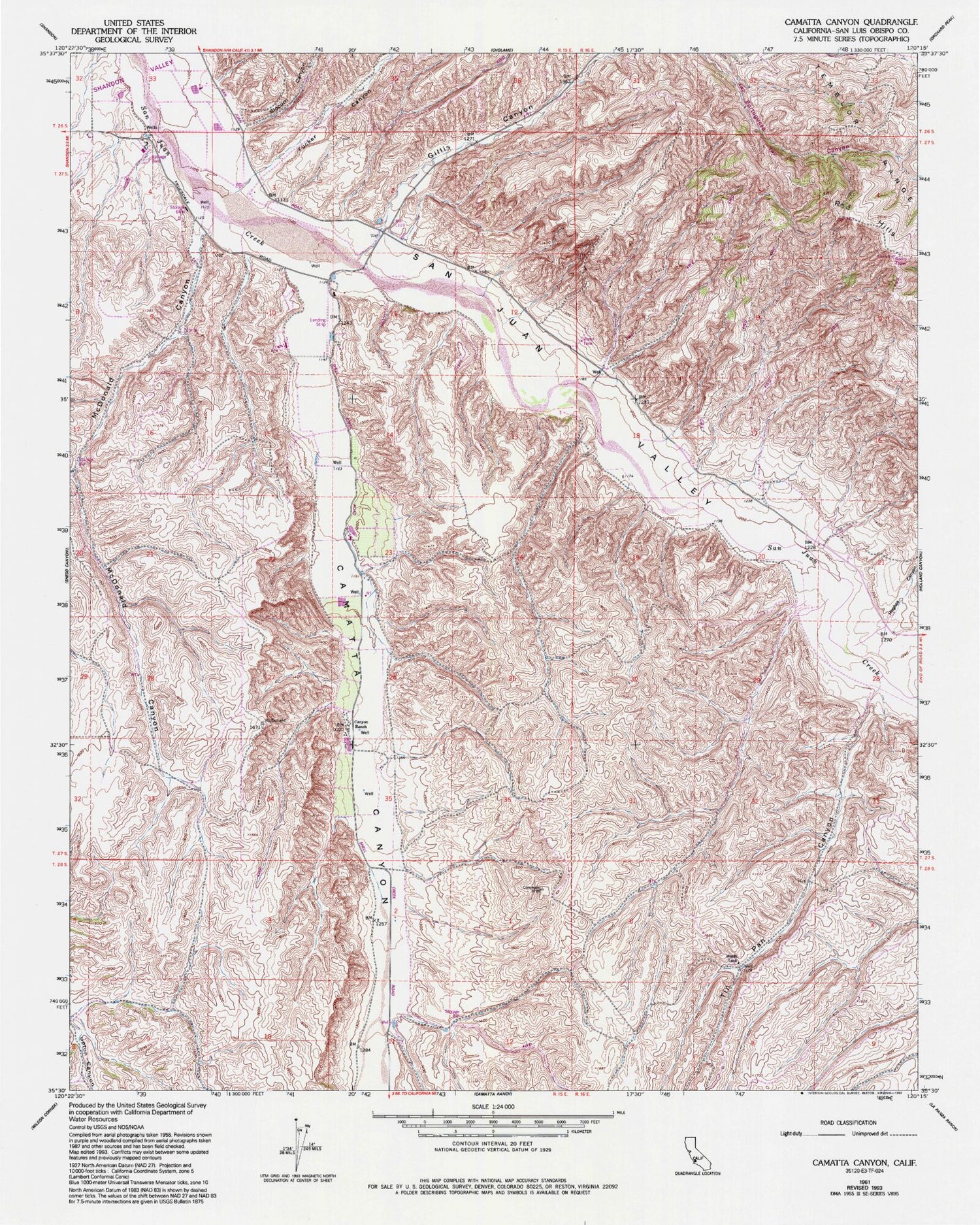 Classic USGS Camatta Canyon California 7.5'x7.5' Topo Map Image