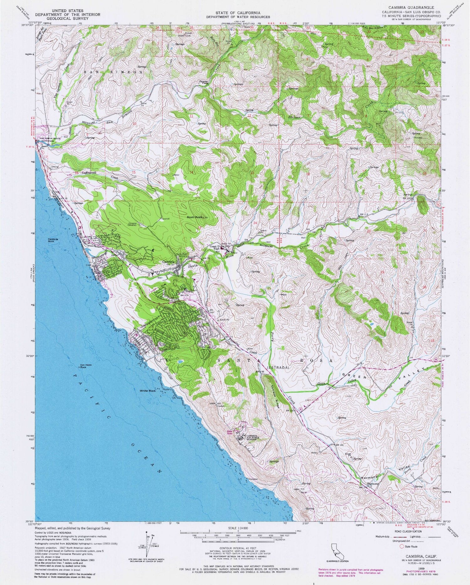 Classic USGS Cambria California 7.5'x7.5' Topo Map Image