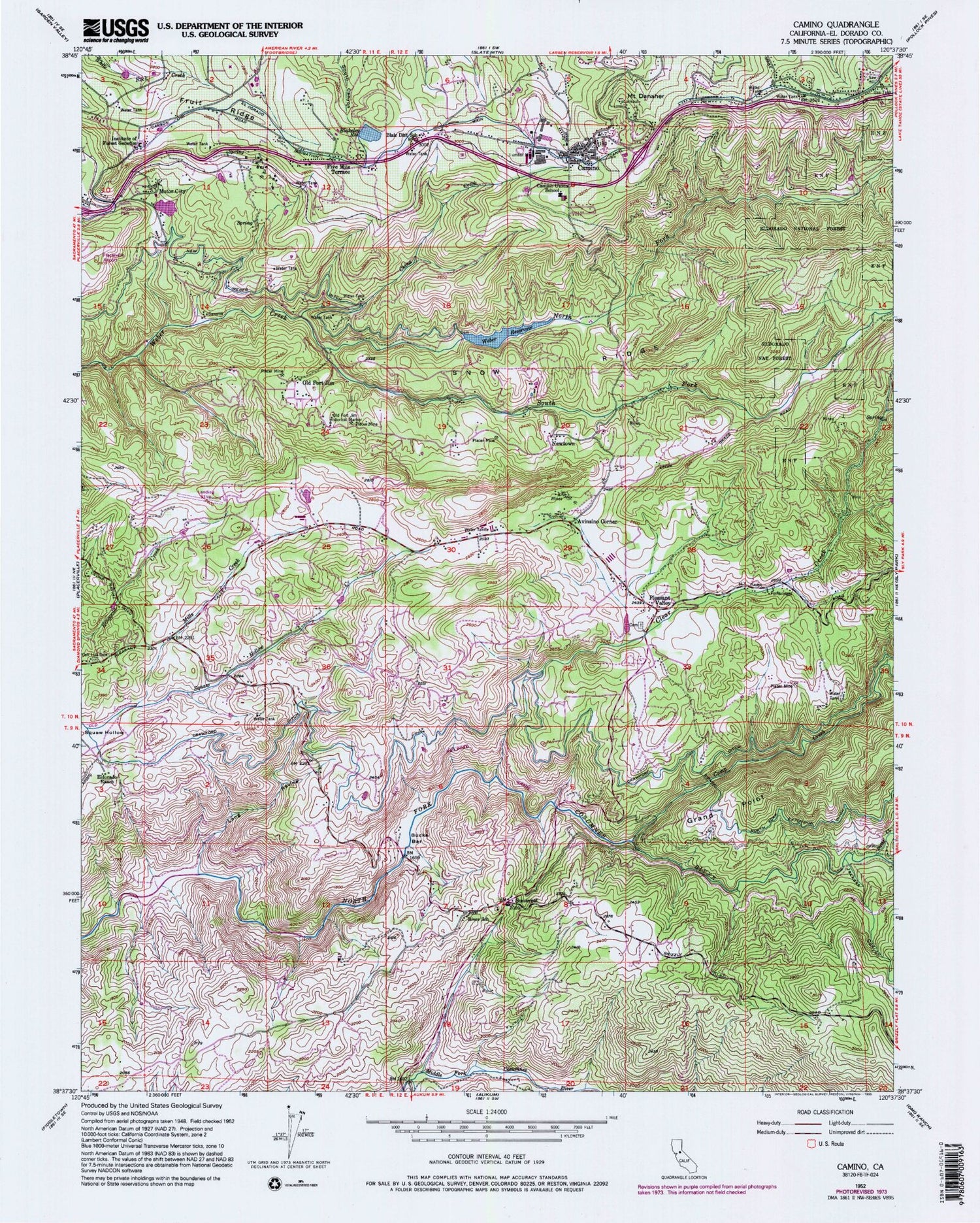 Classic USGS Camino California 7.5'x7.5' Topo Map Image