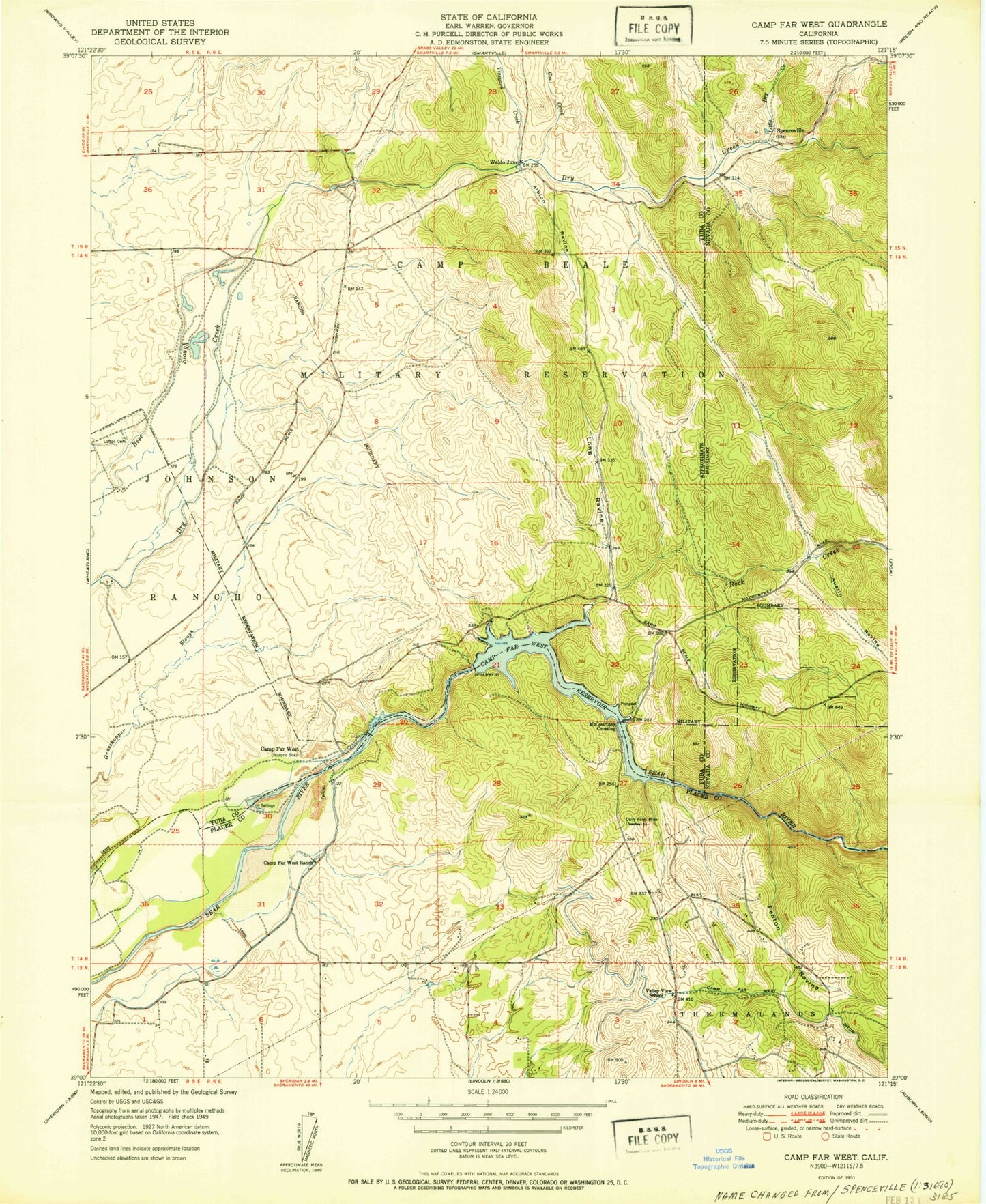Classic USGS Camp Far West California 7.5'x7.5' Topo Map Image