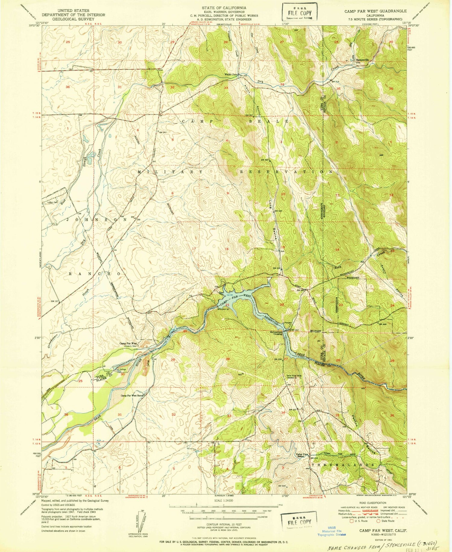 Classic USGS Camp Far West California 7.5'x7.5' Topo Map Image