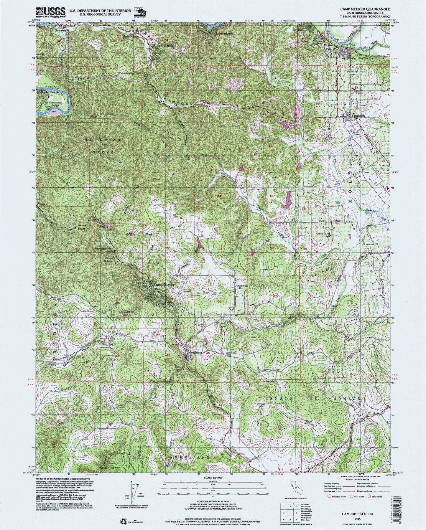 Classic USGS Camp Meeker California 7.5'x7.5' Topo Map Image