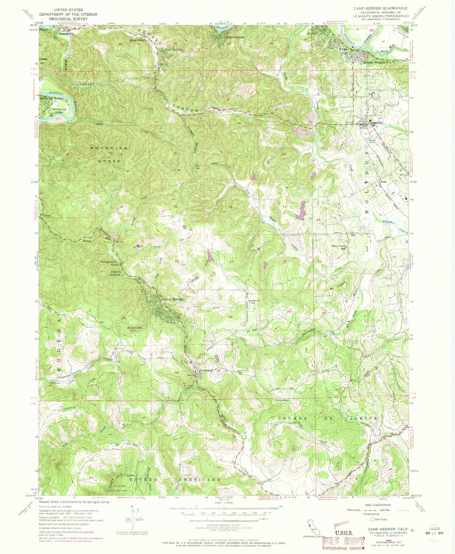 Classic USGS Camp Meeker California 7.5'x7.5' Topo Map Image