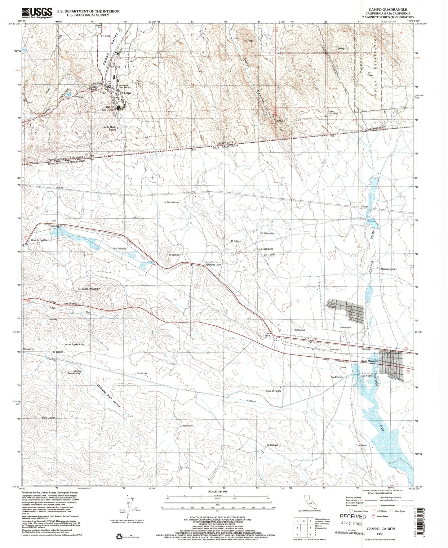 Classic USGS Campo California 7.5'x7.5' Topo Map Image