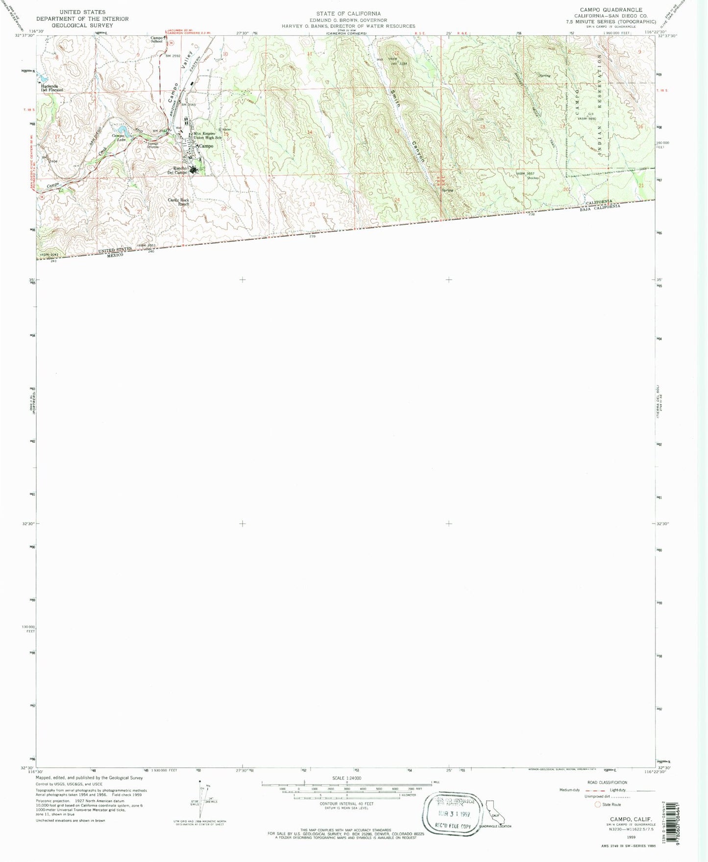 Classic USGS Campo California 7.5'x7.5' Topo Map Image