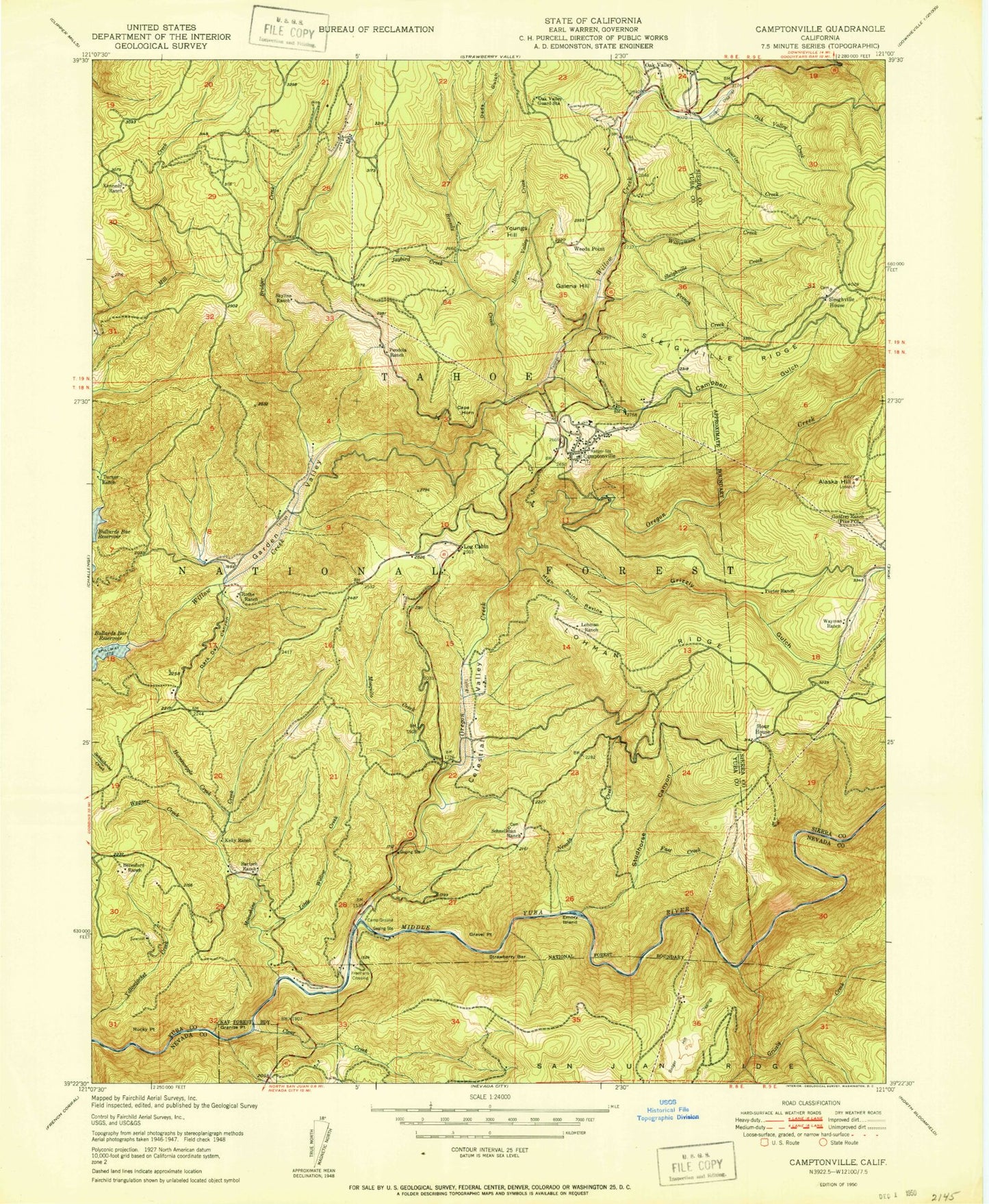 Classic USGS Camptonville California 7.5'x7.5' Topo Map Image