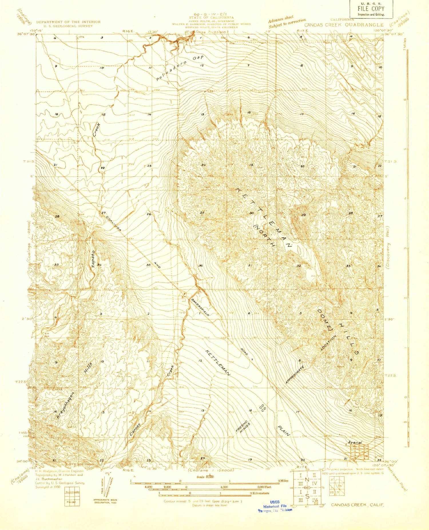 Classic USGS Avenal California 7.5'x7.5' Topo Map Image