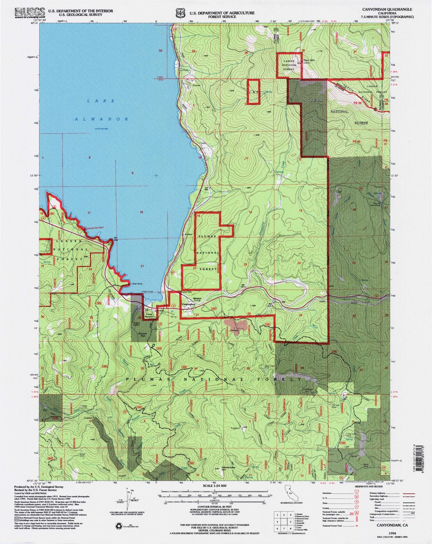 Classic USGS Canyondam California 7.5'x7.5' Topo Map Image