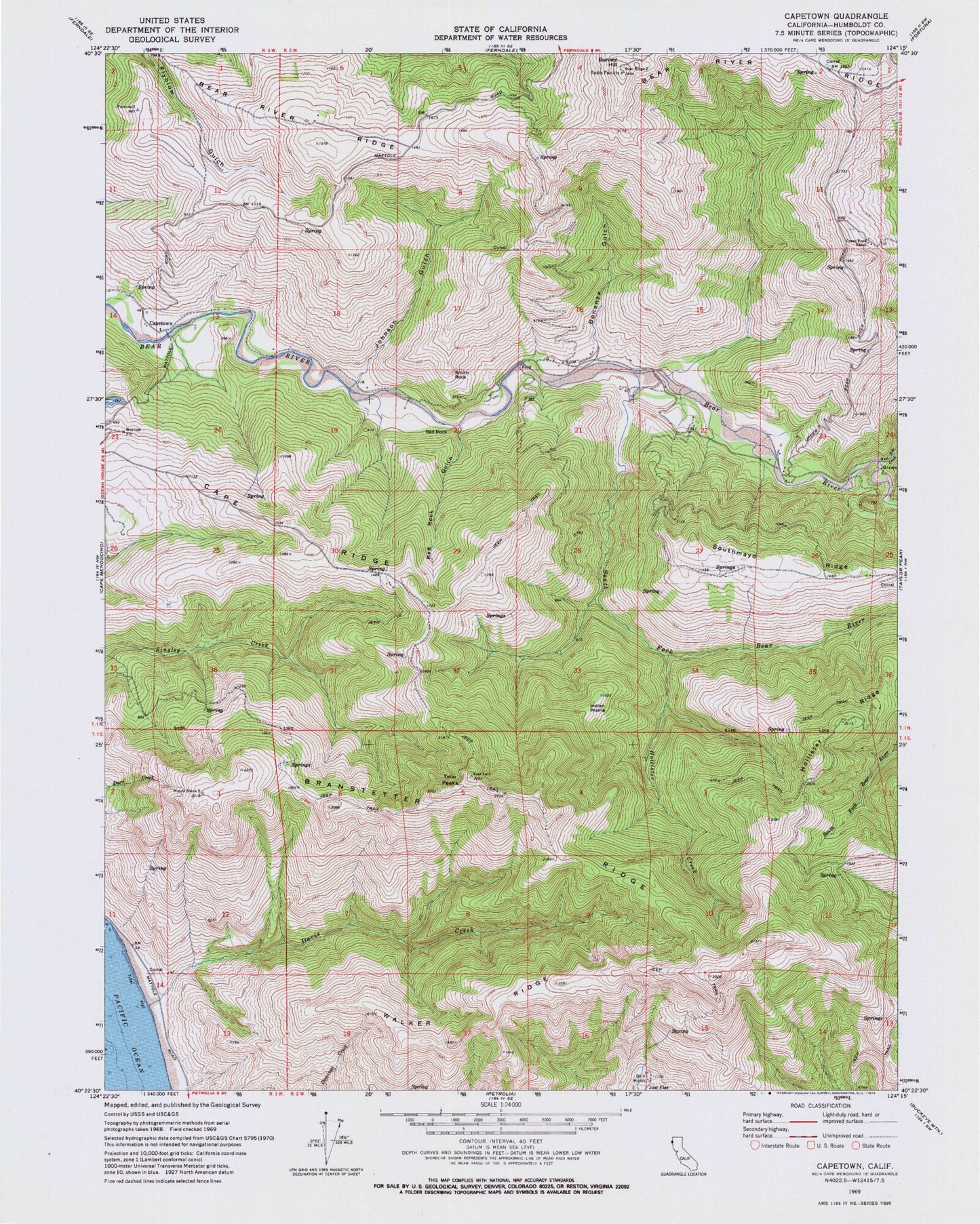 Classic USGS Capetown California 7.5'x7.5' Topo Map Image