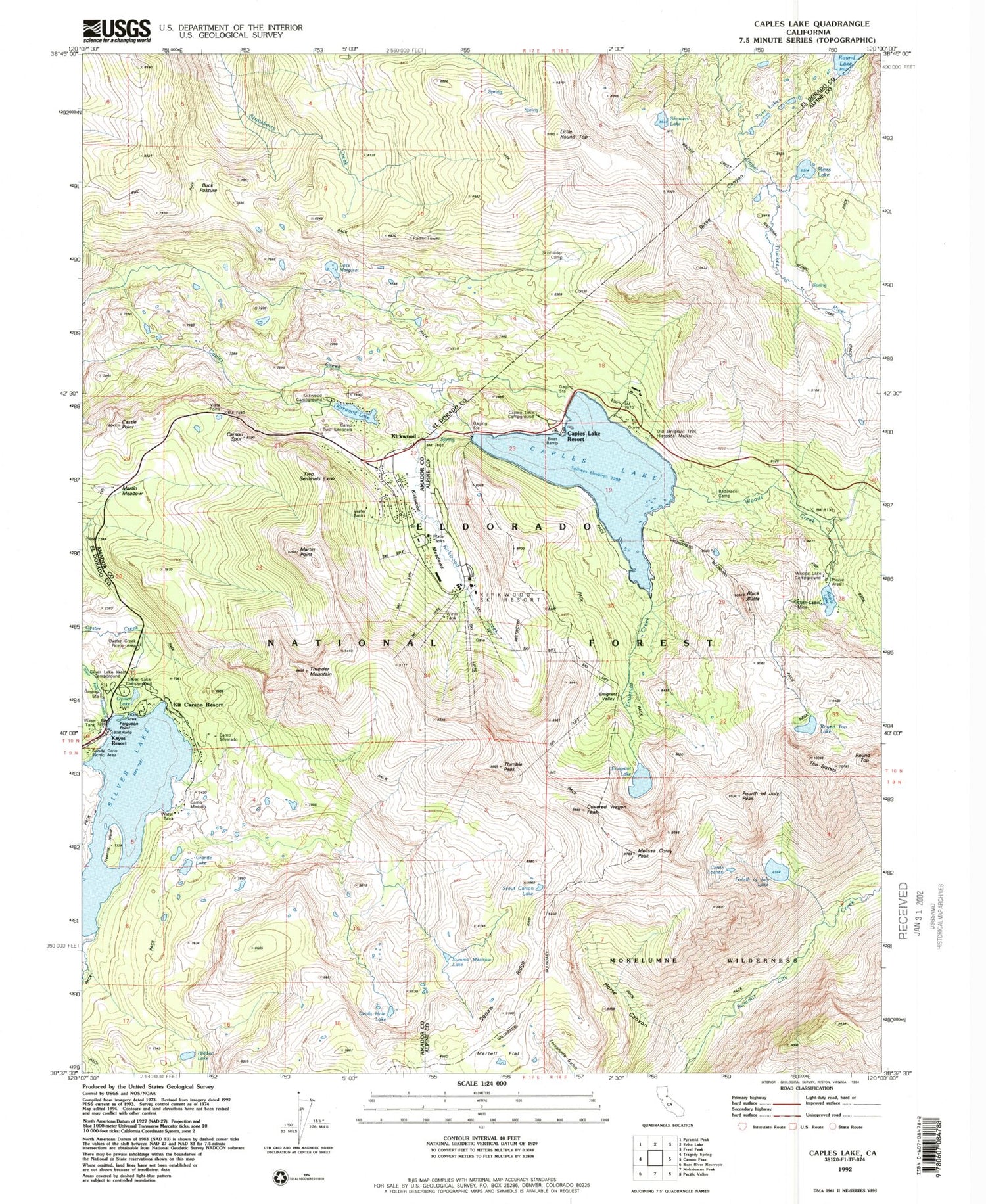 USGS Classic Caples Lake California 7.5'x7.5' Topo Map Image