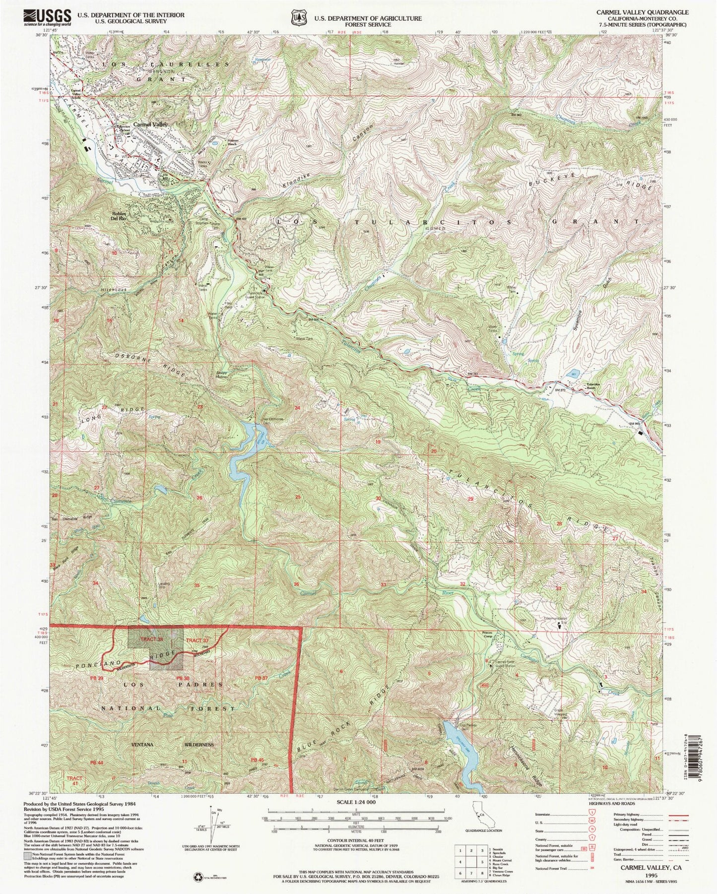 Classic USGS Carmel Valley California 7.5'x7.5' Topo Map Image