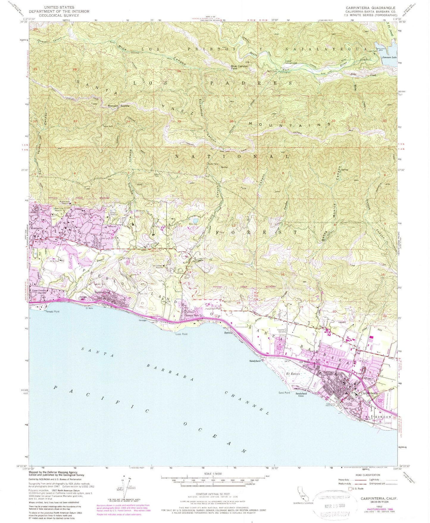 Classic USGS Carpinteria California 7.5'x7.5' Topo Map Image