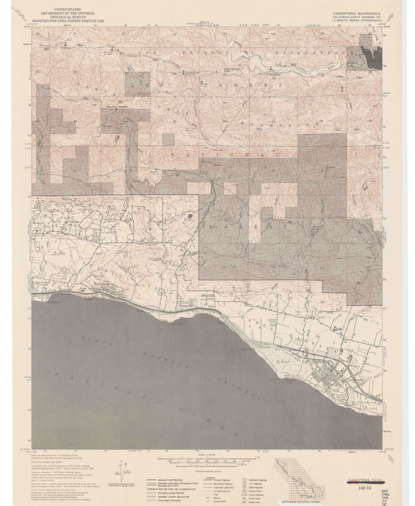 Classic USGS Carpinteria California 7.5'x7.5' Topo Map Image